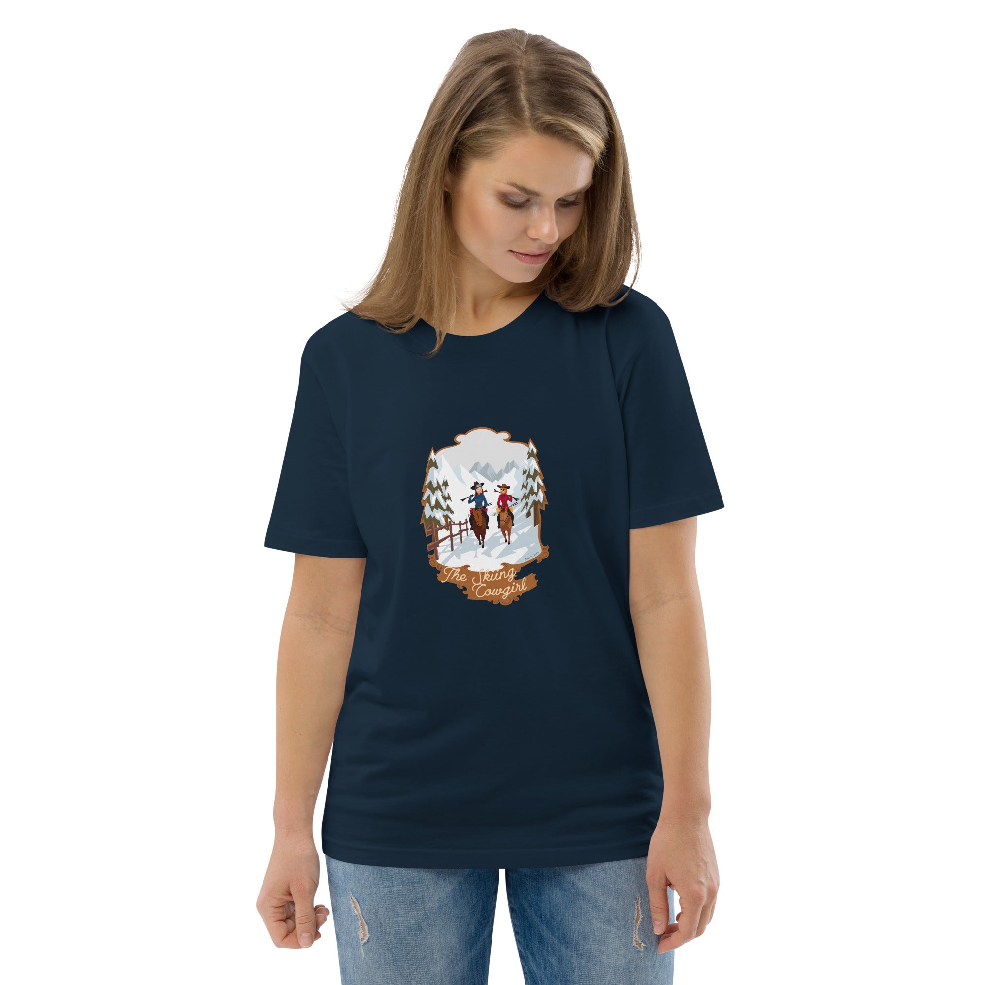 T-shirt unisexe en coton biologique The Skiing Cowgirl sur couleurs foncées