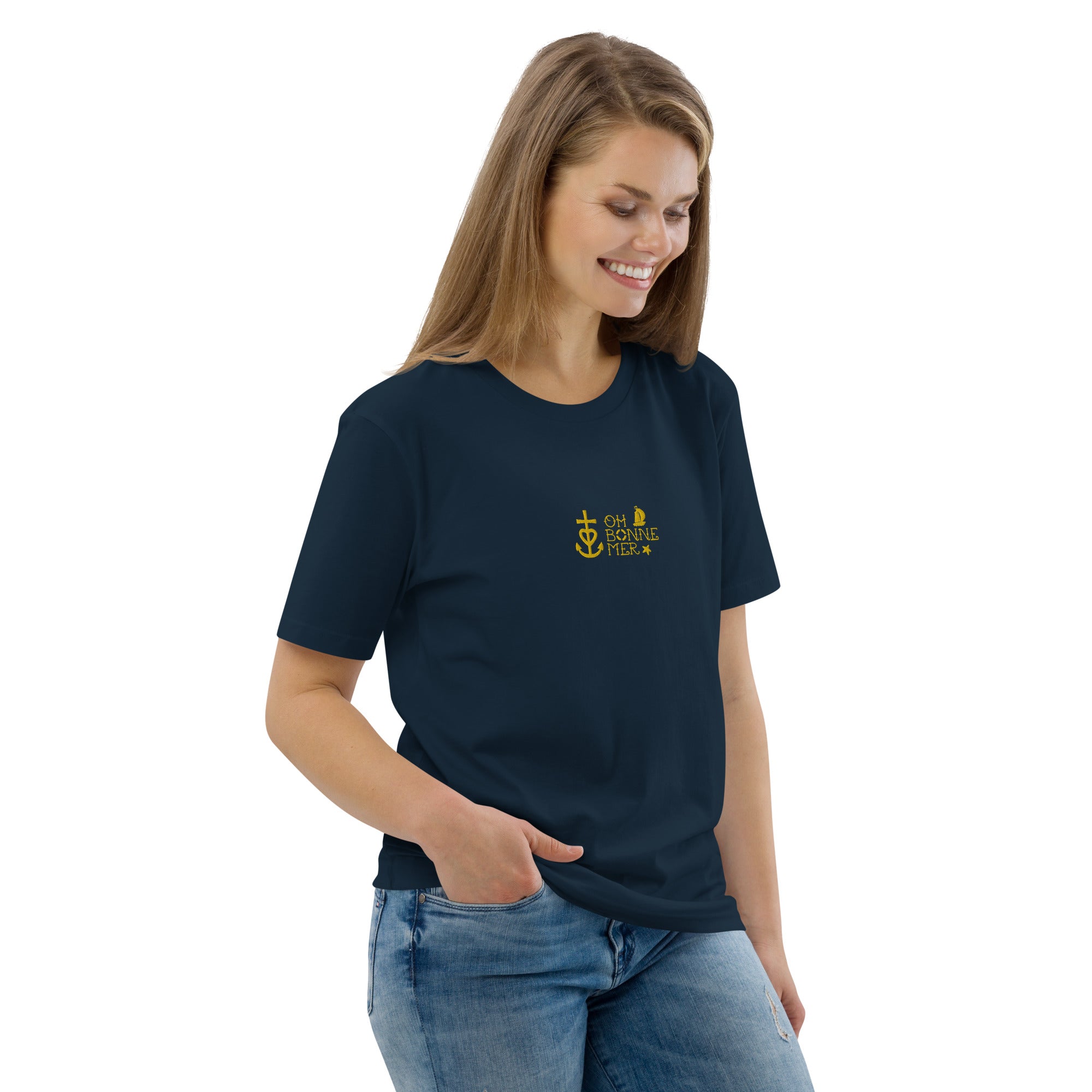 Unisex organic cotton t-shirt Oh Bonne Mer 2 embroidered pattern on dark colors