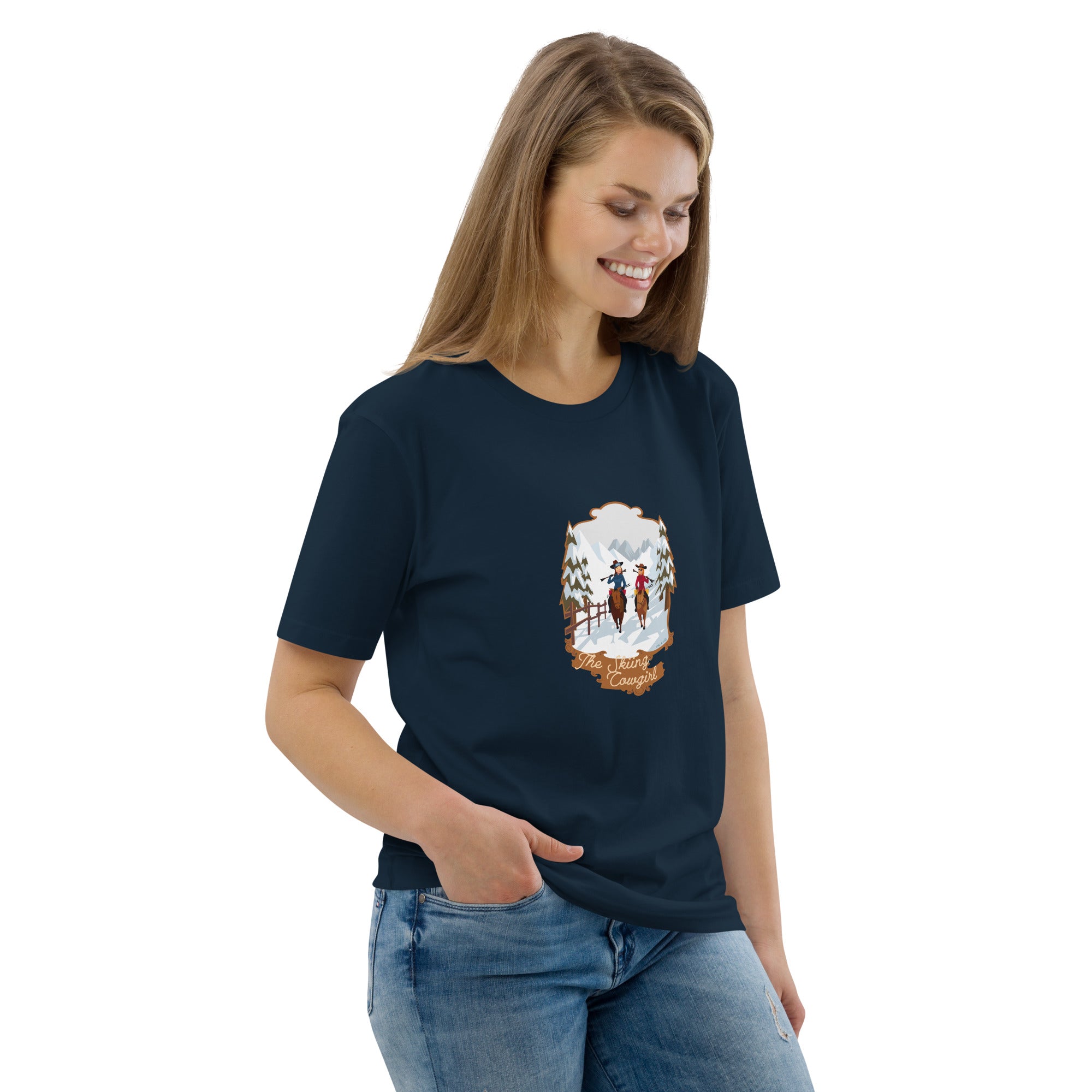 T-shirt unisexe en coton biologique The Skiing Cowgirl sur couleurs foncées