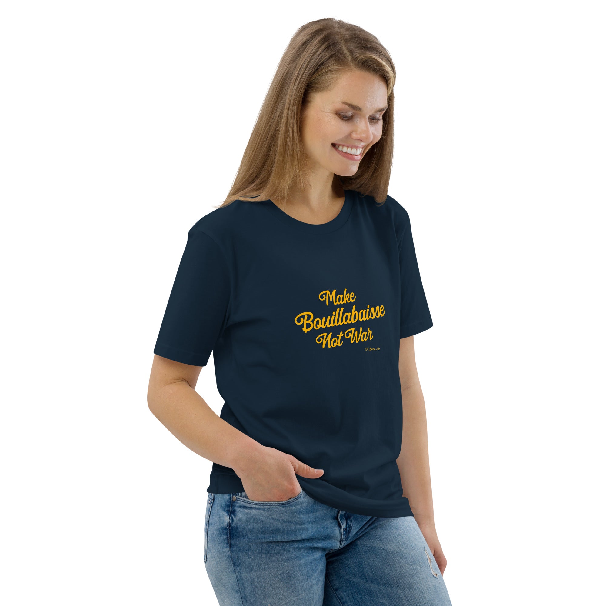 T-shirt unisexe en coton biologique Make Bouillabaisse Not War Gold sur couleurs foncées