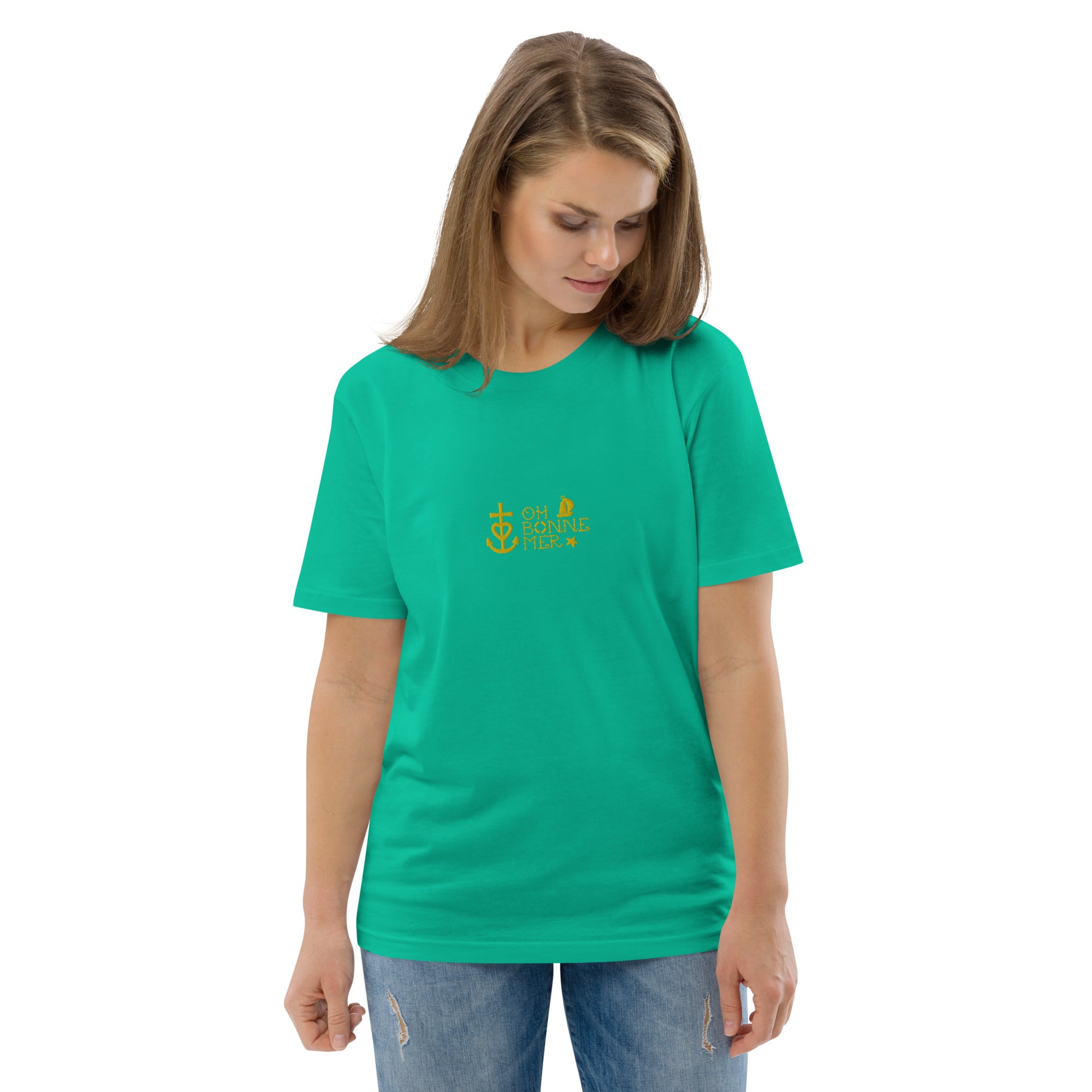 Unisex organic cotton t-shirt Oh Bonne Mer 2 embroidered pattern on bright colors