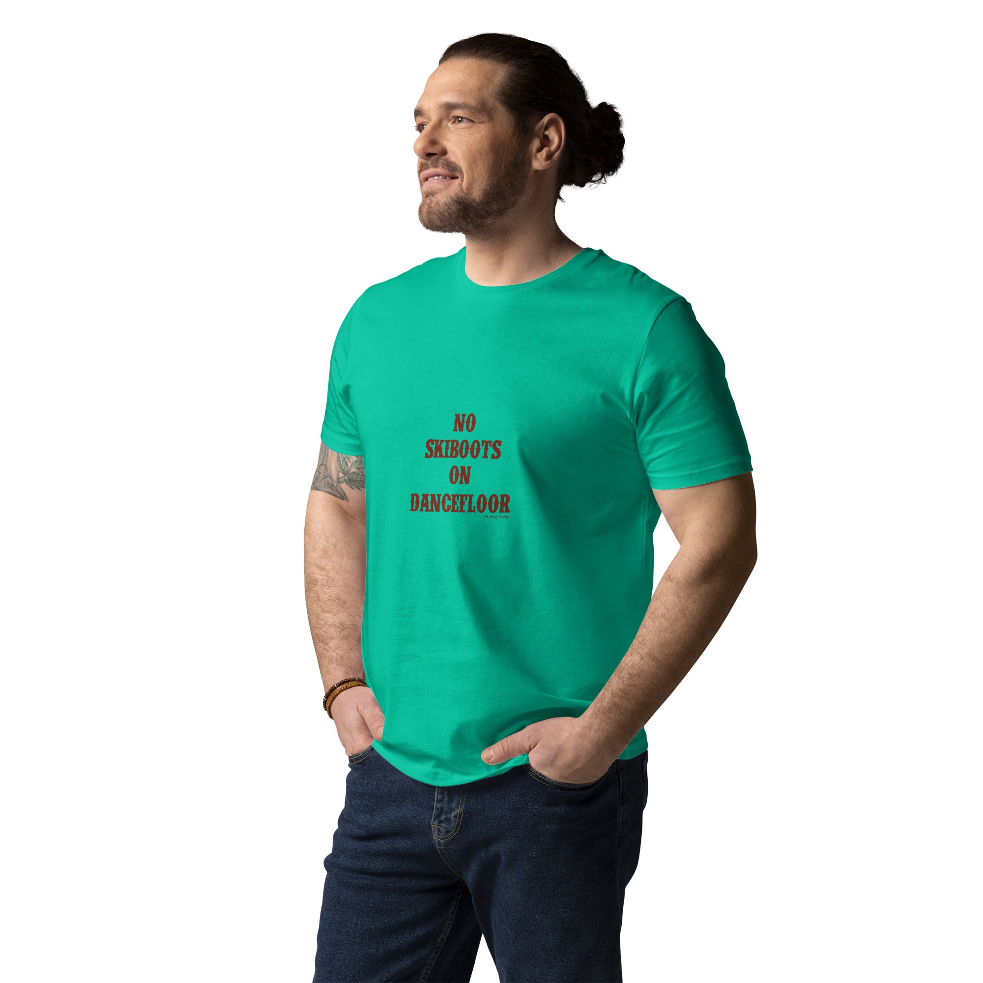 T-shirt unisexe en coton biologique No Skiboots on Dancefloor texte foncé