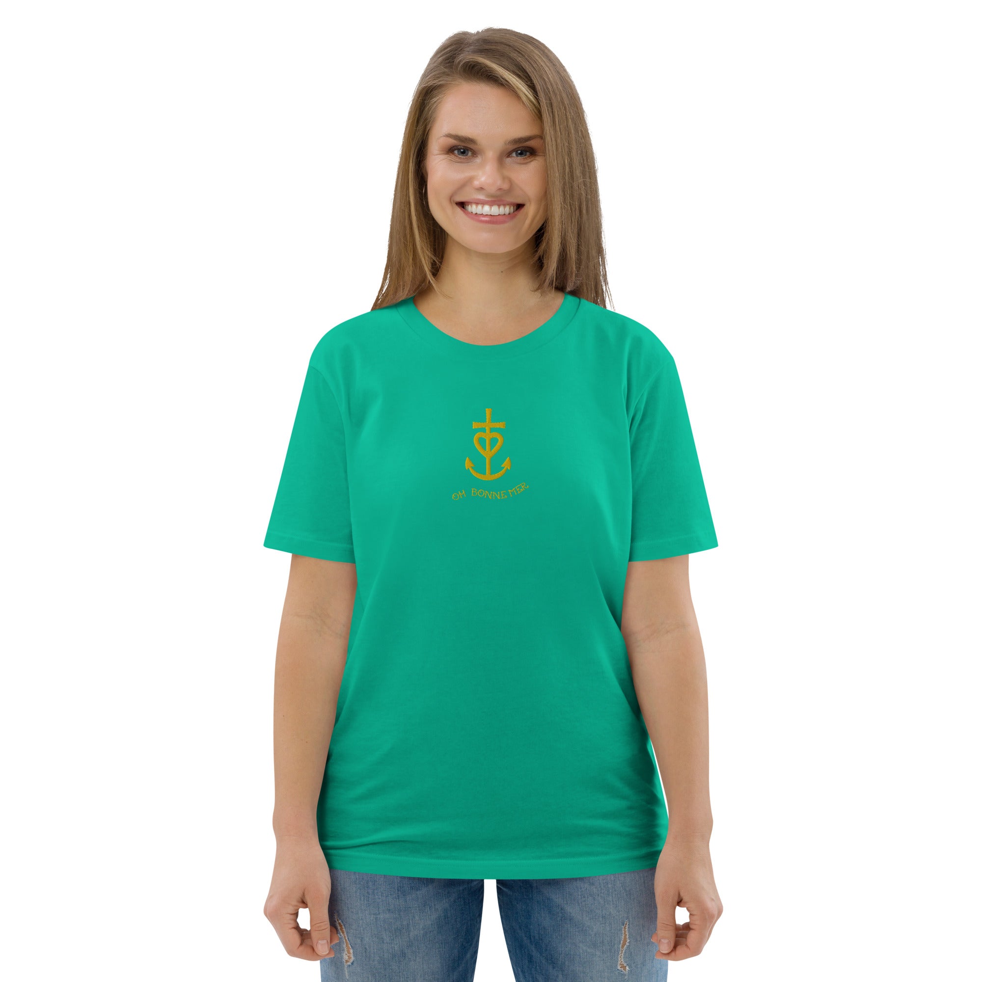 Unisex organic cotton t-shirt Croix de Camargue Gold embroidered pattern on bright colors