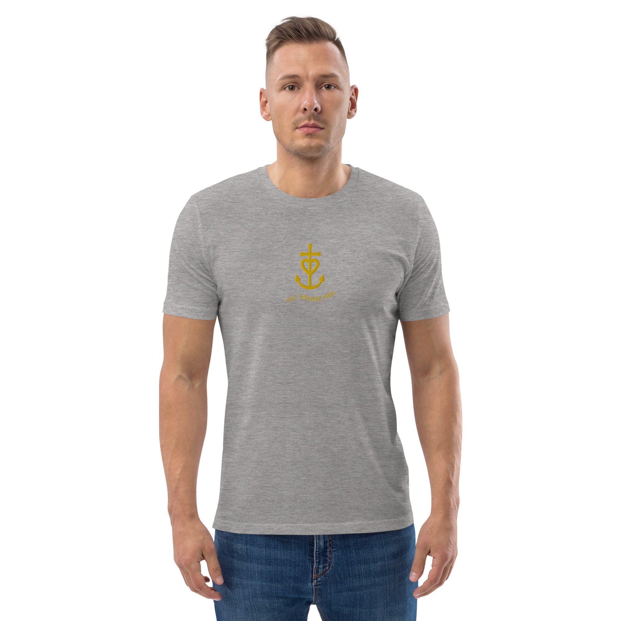 Unisex organic cotton t-shirt Croix de Camargue Gold embroidered pattern on light colors