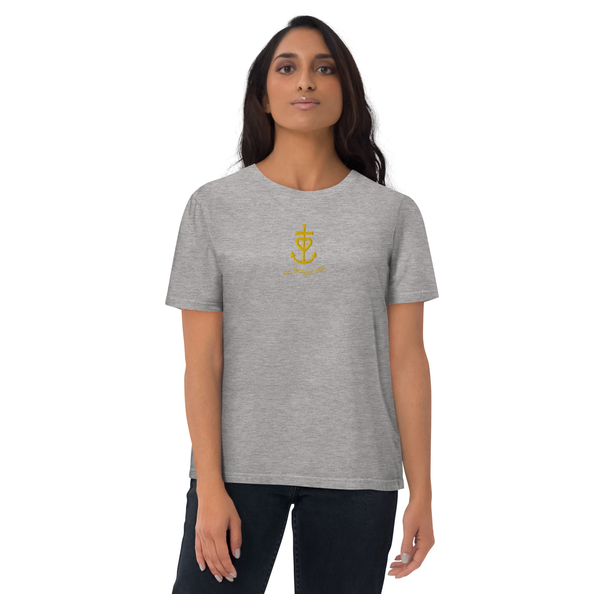 T-shirt unisexe en coton biologique Croix de Camargue dorée Oh Bonne mer brodé sur couleurs claires