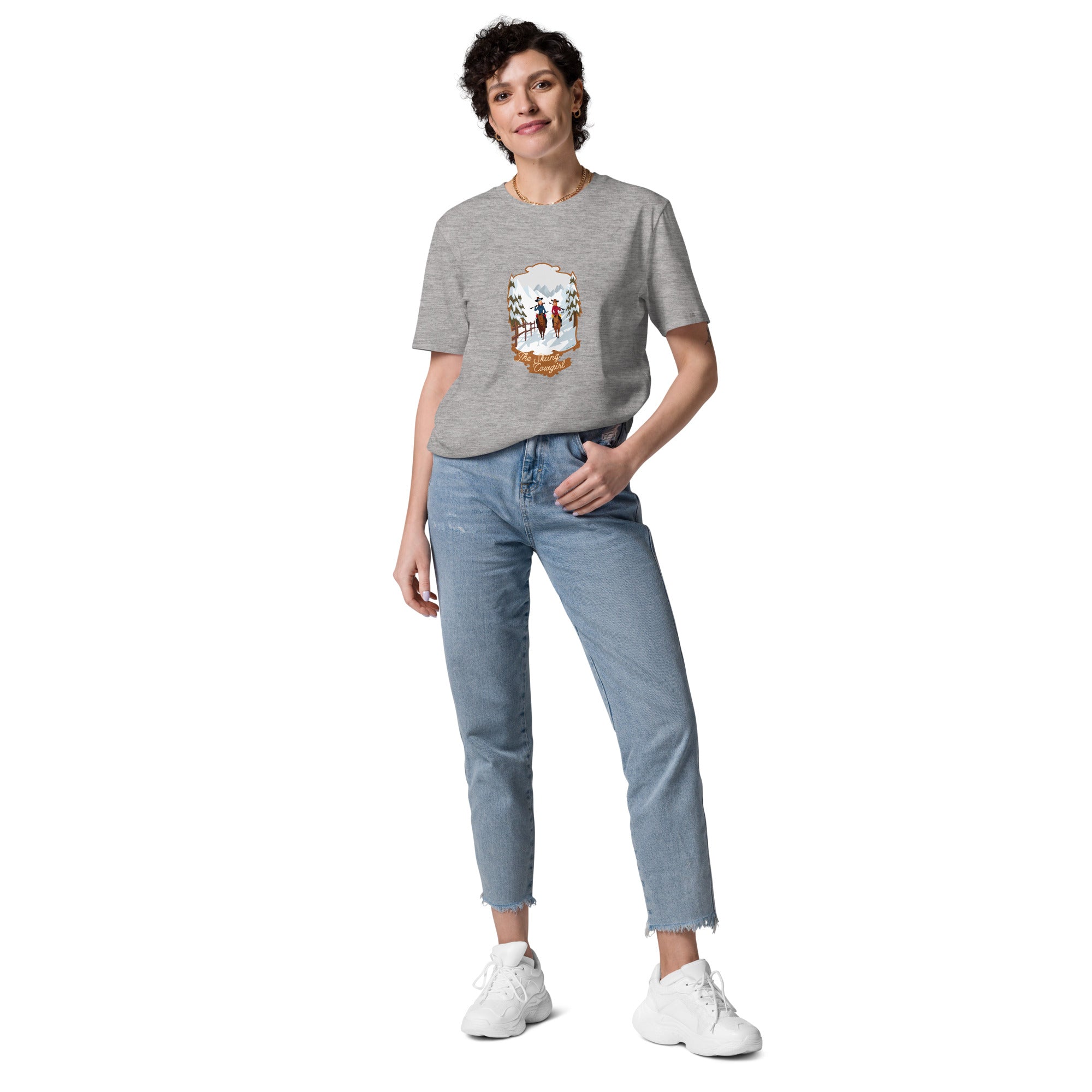 Unisex organic cotton t-shirt The Skiing Cowgirl on light colors