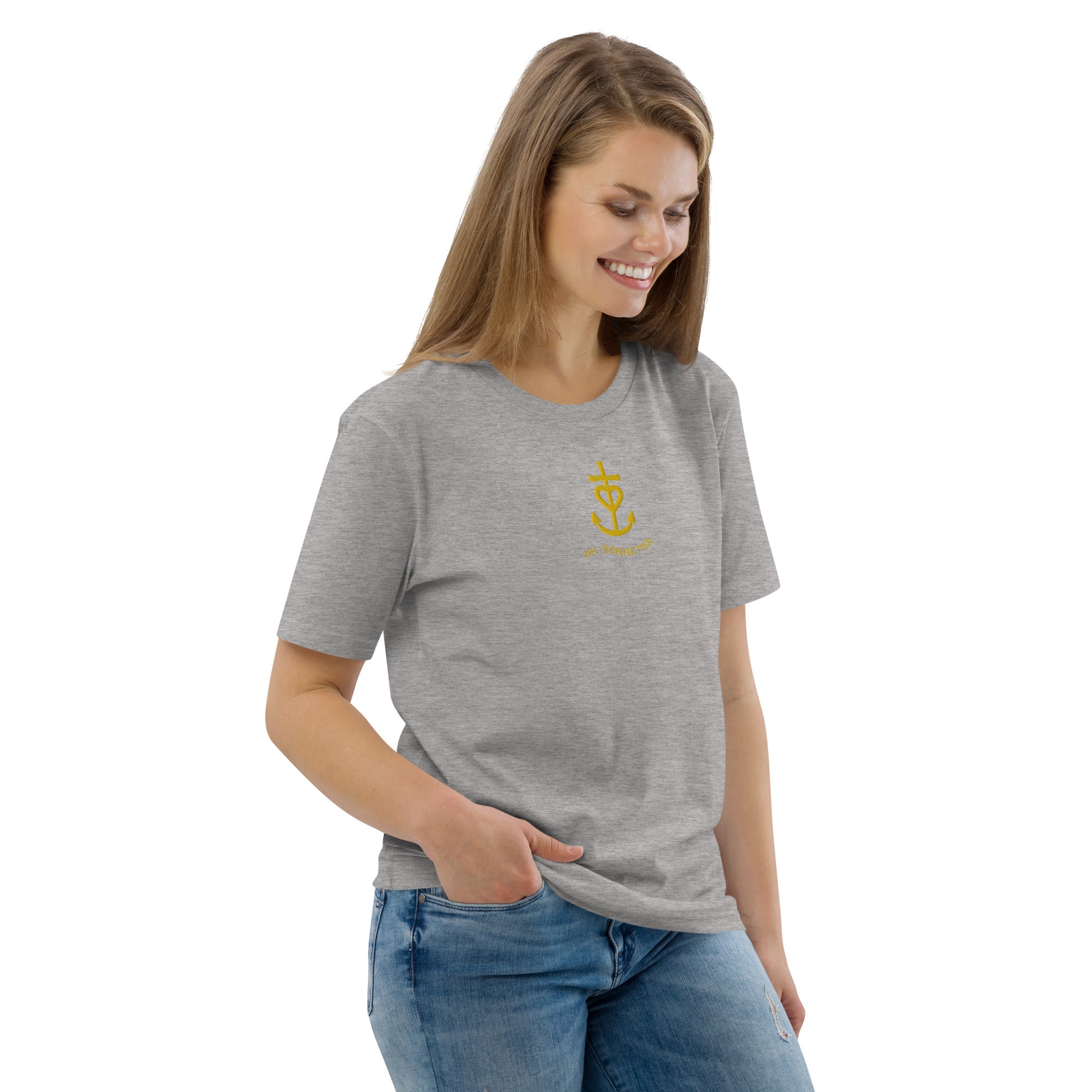 Unisex organic cotton t-shirt Croix de Camargue Gold embroidered pattern on light colors