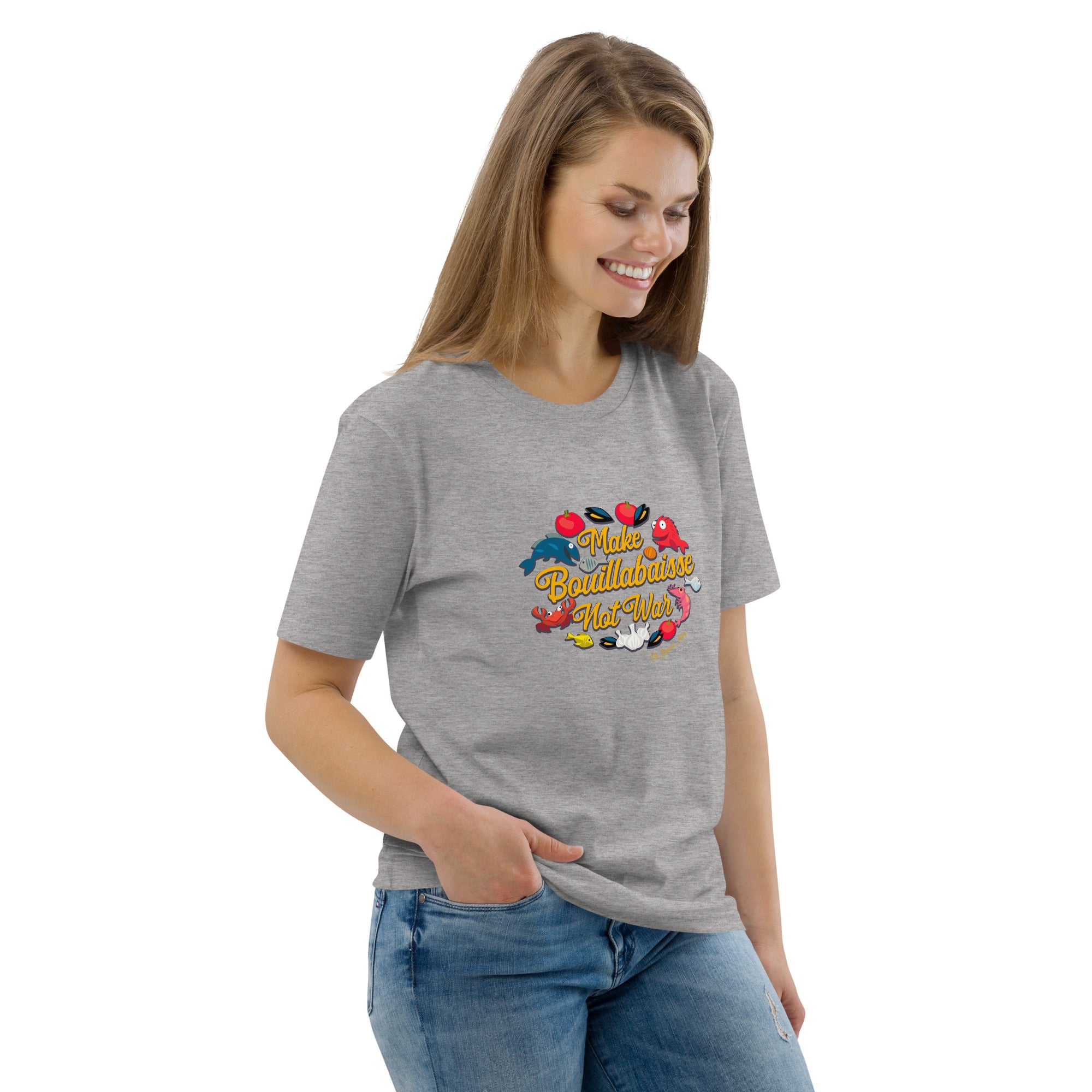 T-shirt unisexe en coton biologique Make Bouillabaisse Not War sur couleurs claires