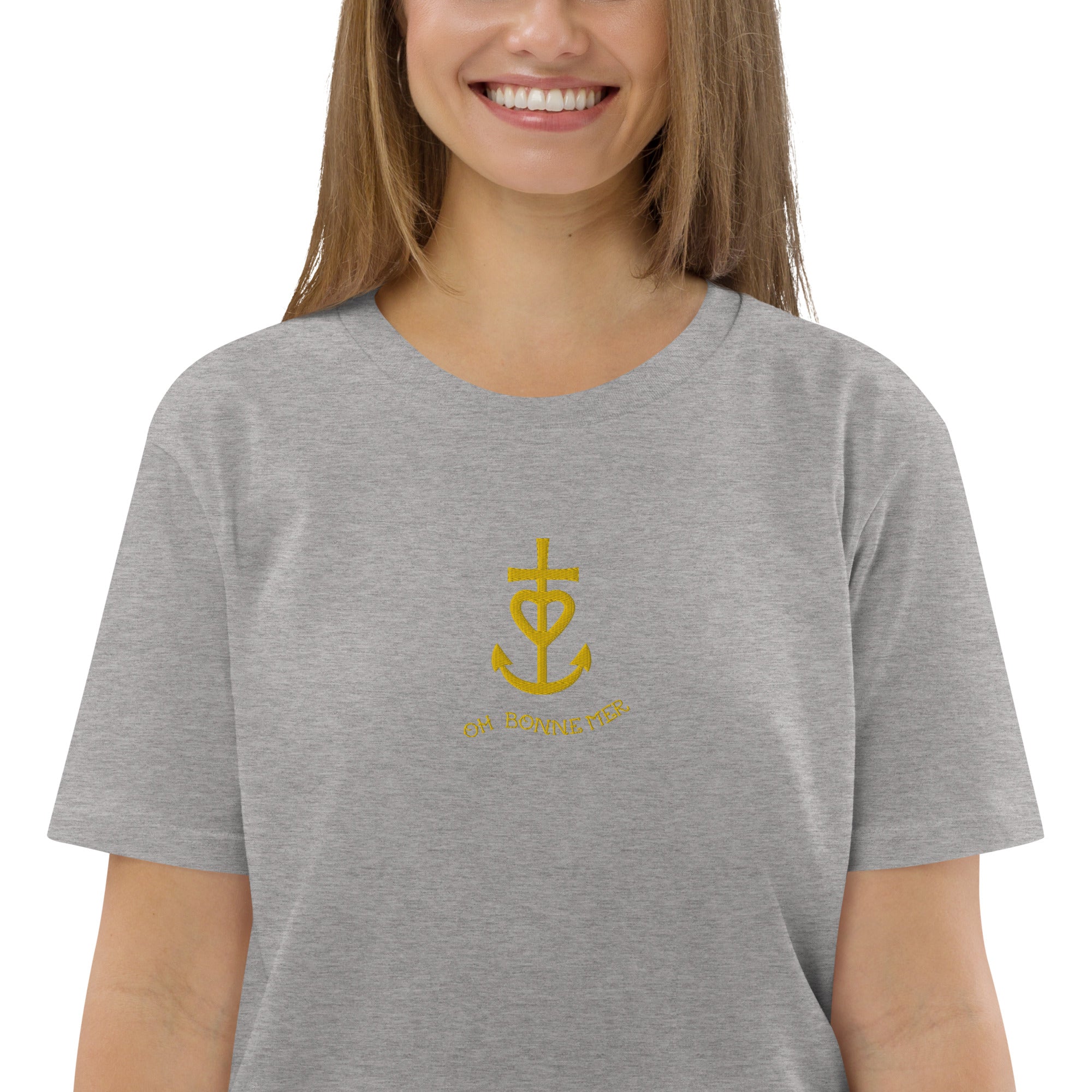 Unisex organic cotton t-shirt Croix de Camargue Gold embroidered pattern on light colors