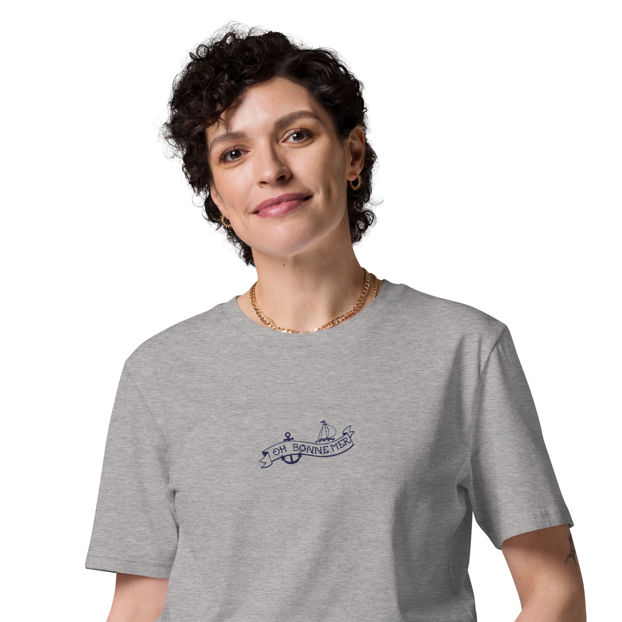 Unisex organic cotton t-shirt Oh Bonne Mer Tattoo navy embroidered pattern on light colors