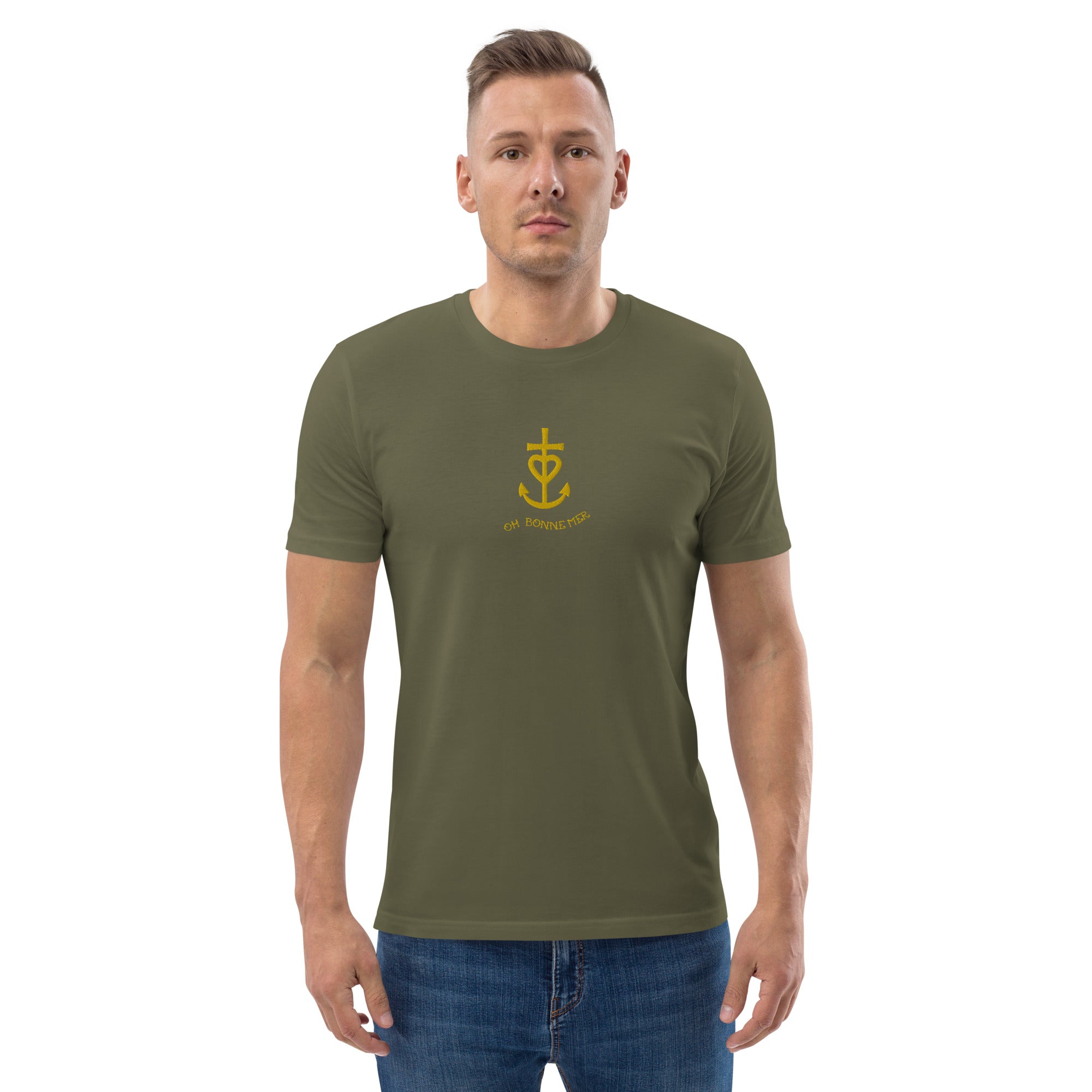 Unisex organic cotton t-shirt Croix de Camargue Gold embroidered pattern on dark colors