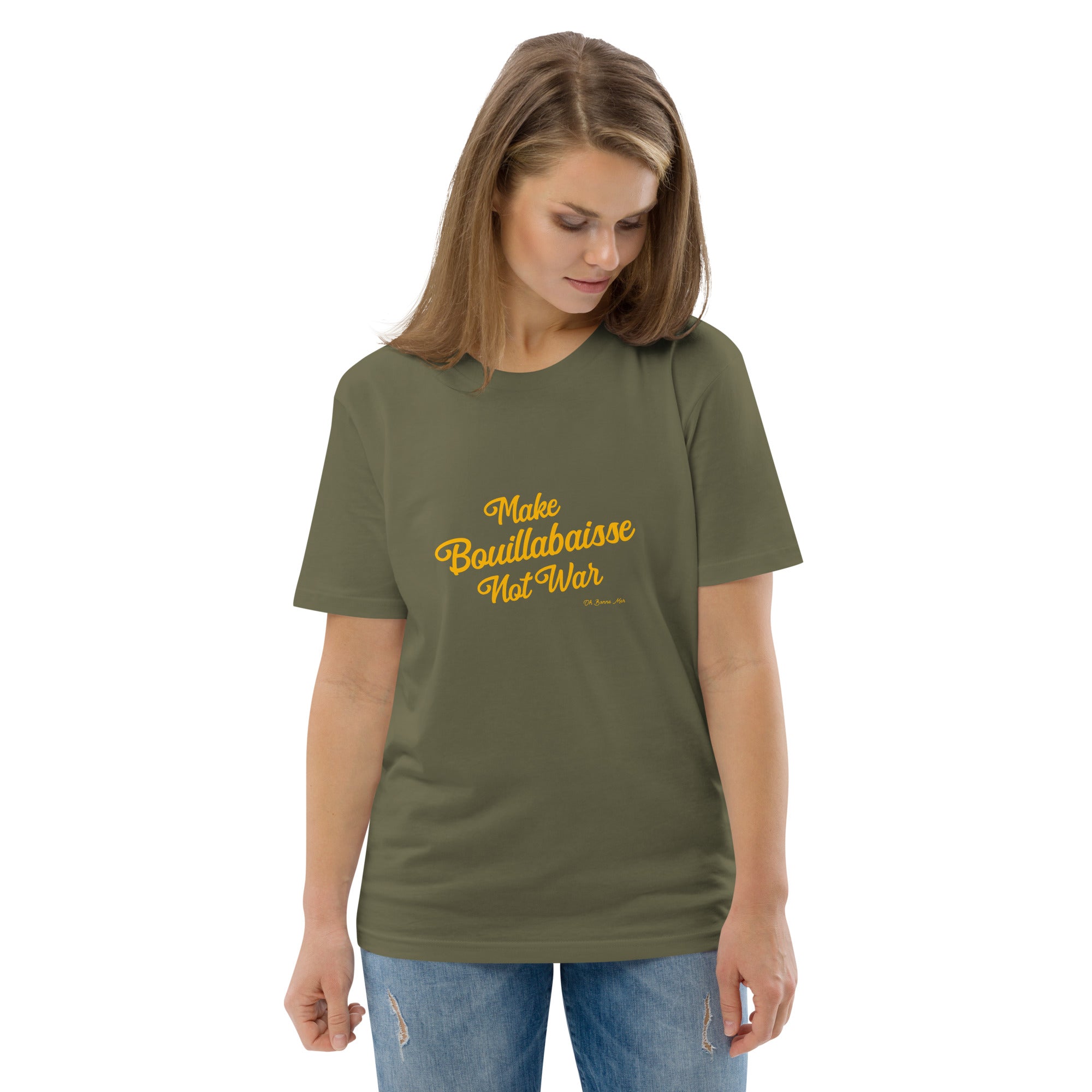 T-shirt unisexe en coton biologique Make Bouillabaisse Not War Gold sur couleurs foncées