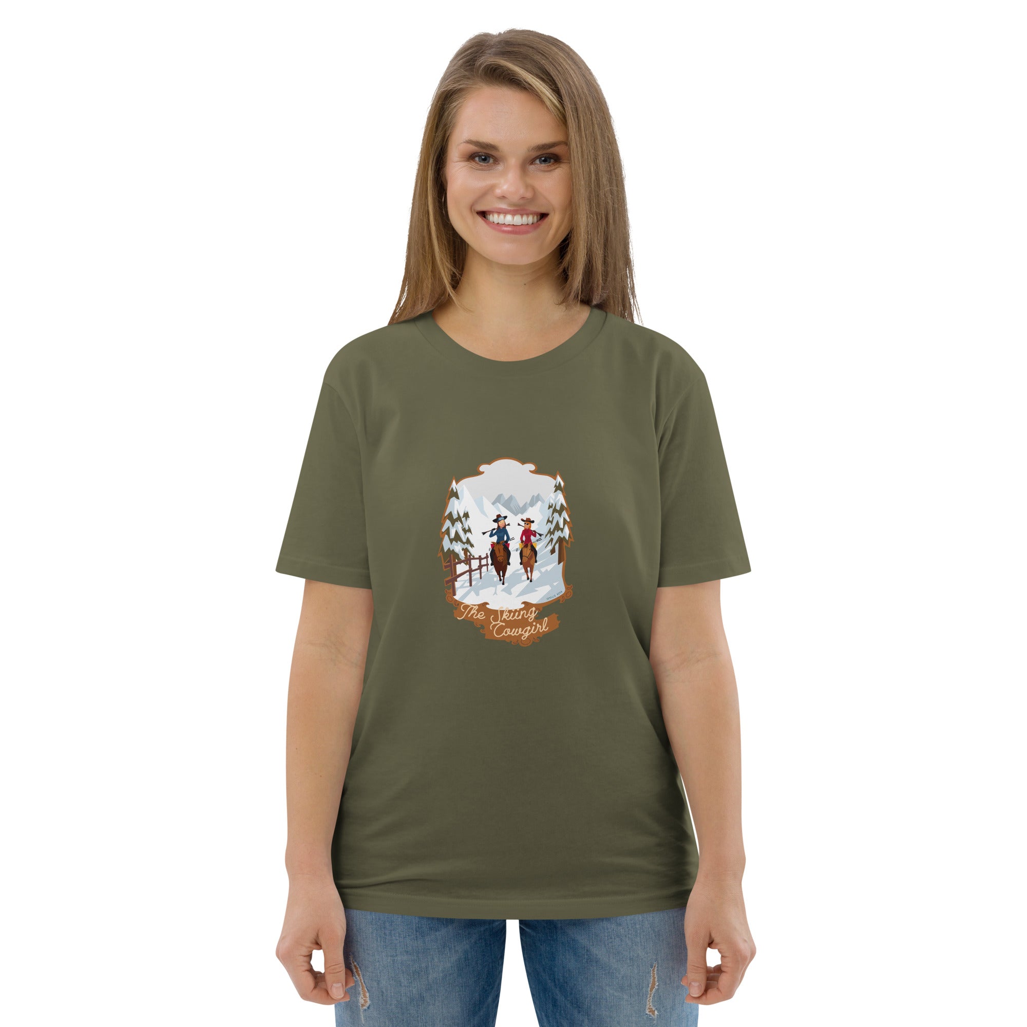 T-shirt unisexe en coton biologique The Skiing Cowgirl sur couleurs foncées