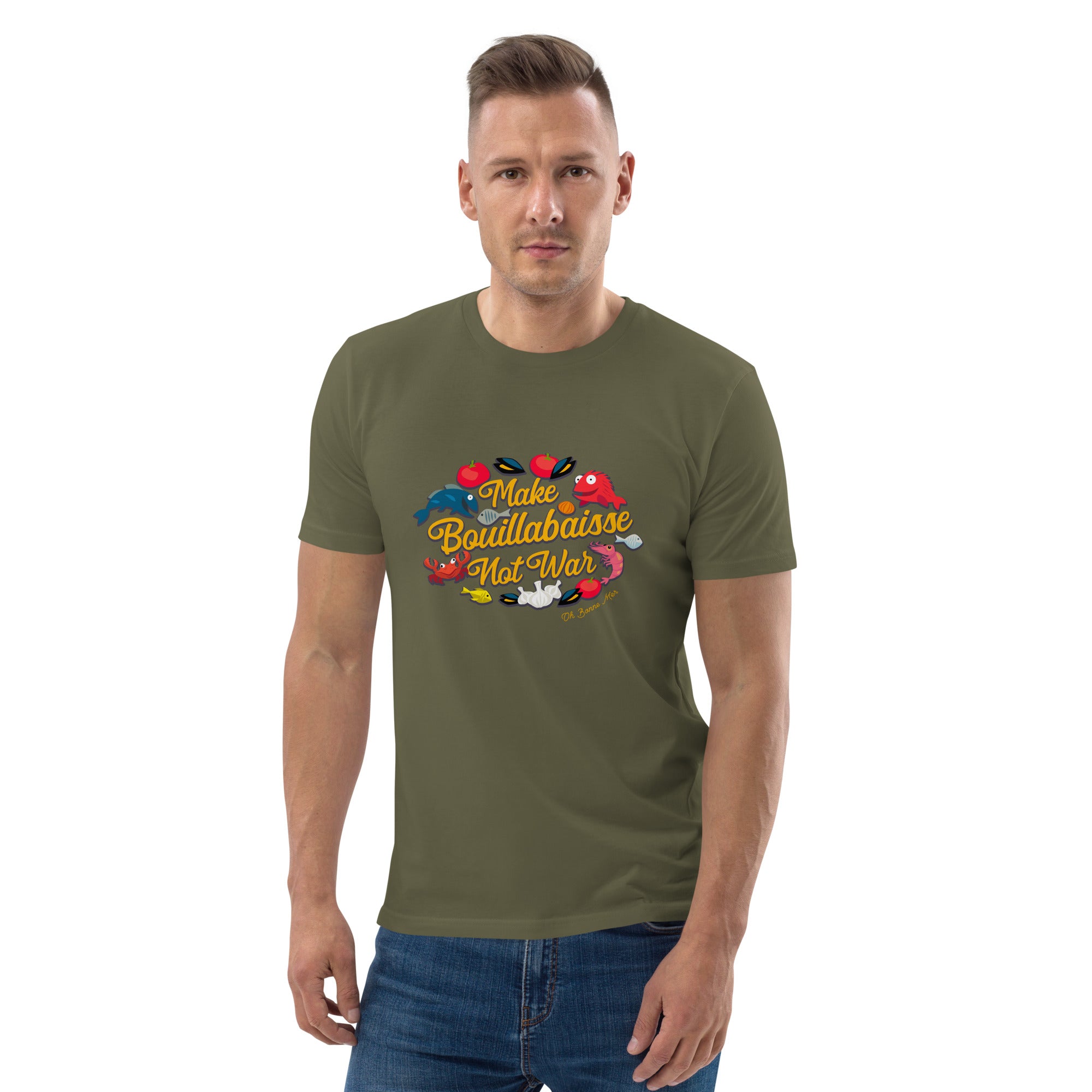 T-shirt unisexe en coton biologique Make Bouillabaisse Not War sur couleurs foncées