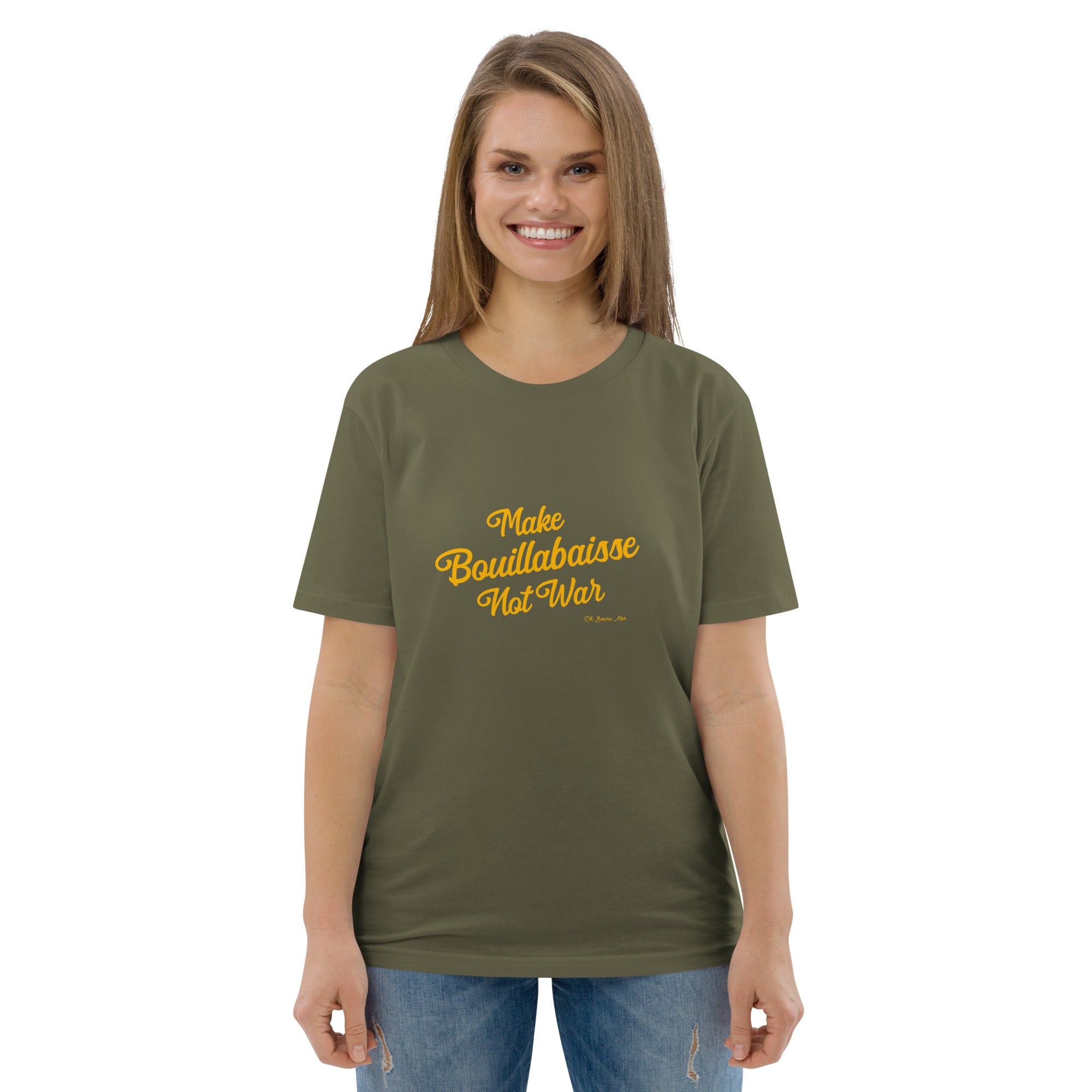 T-shirt unisexe en coton biologique Make Bouillabaisse Not War Gold sur couleurs foncées