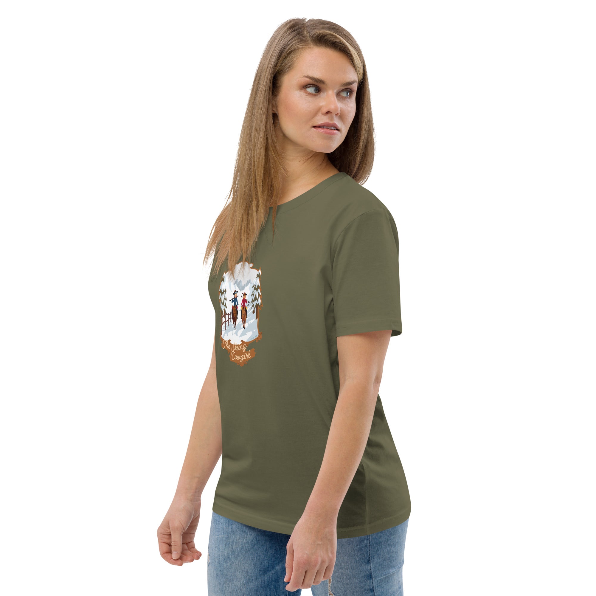 T-shirt unisexe en coton biologique The Skiing Cowgirl sur couleurs foncées