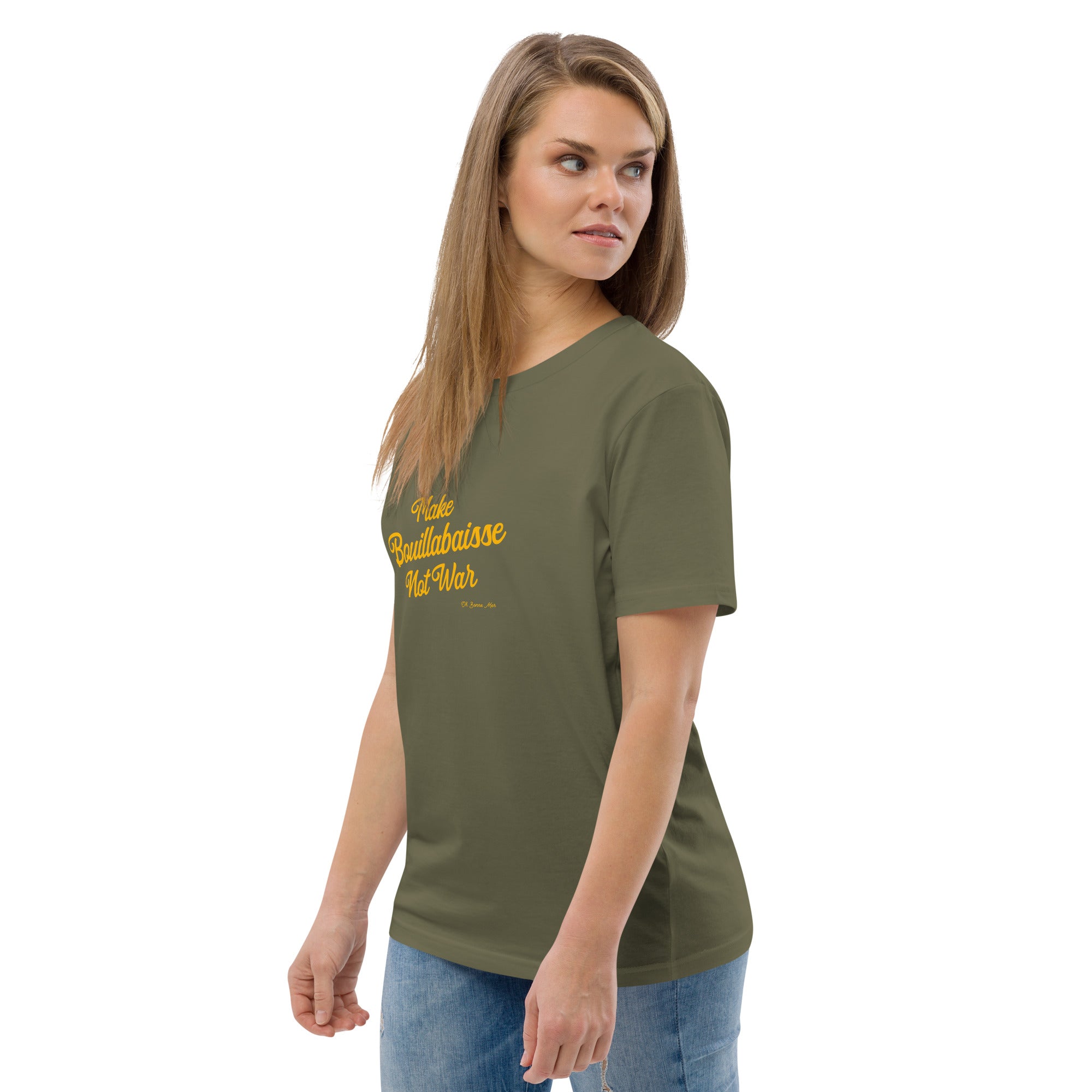 T-shirt unisexe en coton biologique Make Bouillabaisse Not War Gold sur couleurs foncées