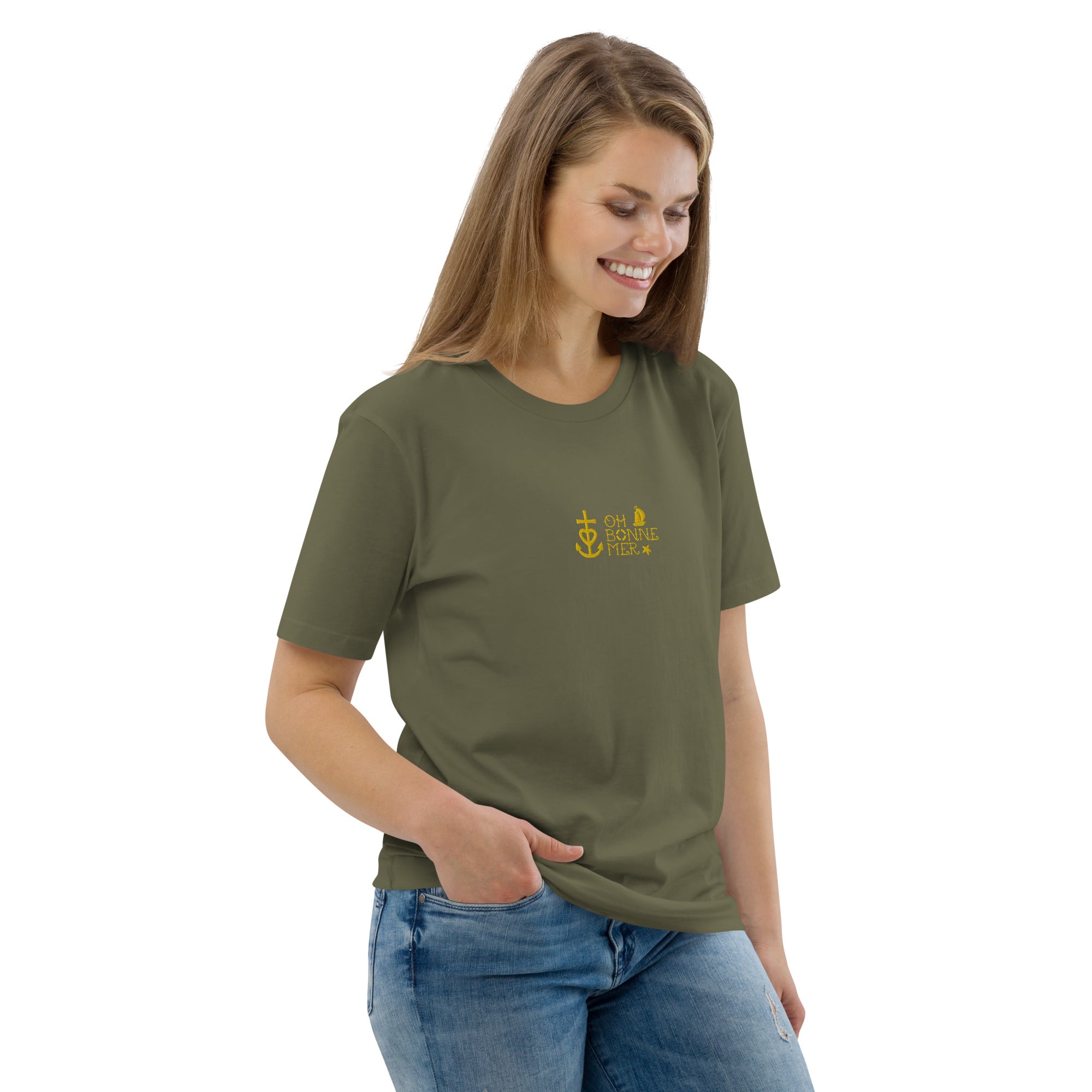 Unisex organic cotton t-shirt Oh Bonne Mer 2 embroidered pattern on dark colors