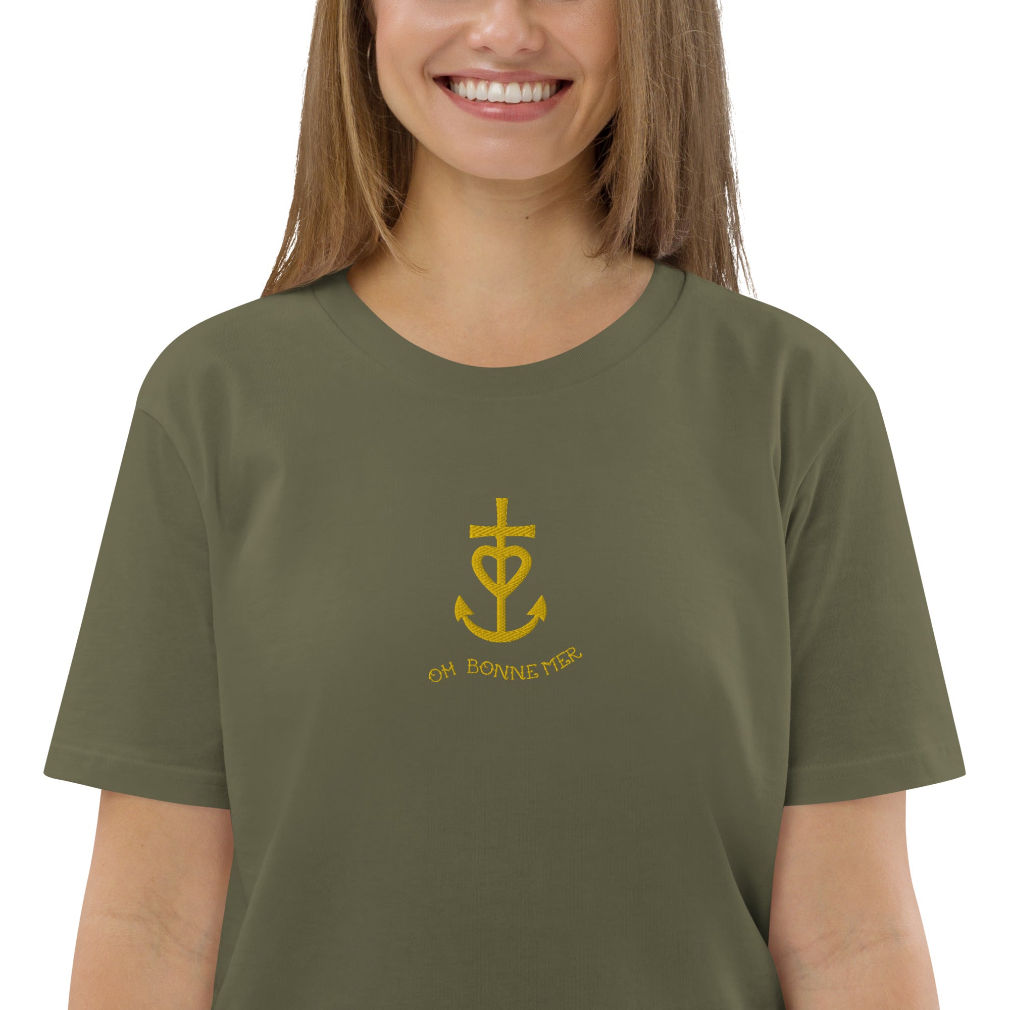 T-shirt unisexe en coton biologique Croix de Camargue dorée Oh Bonne mer brodé sur couleurs foncées