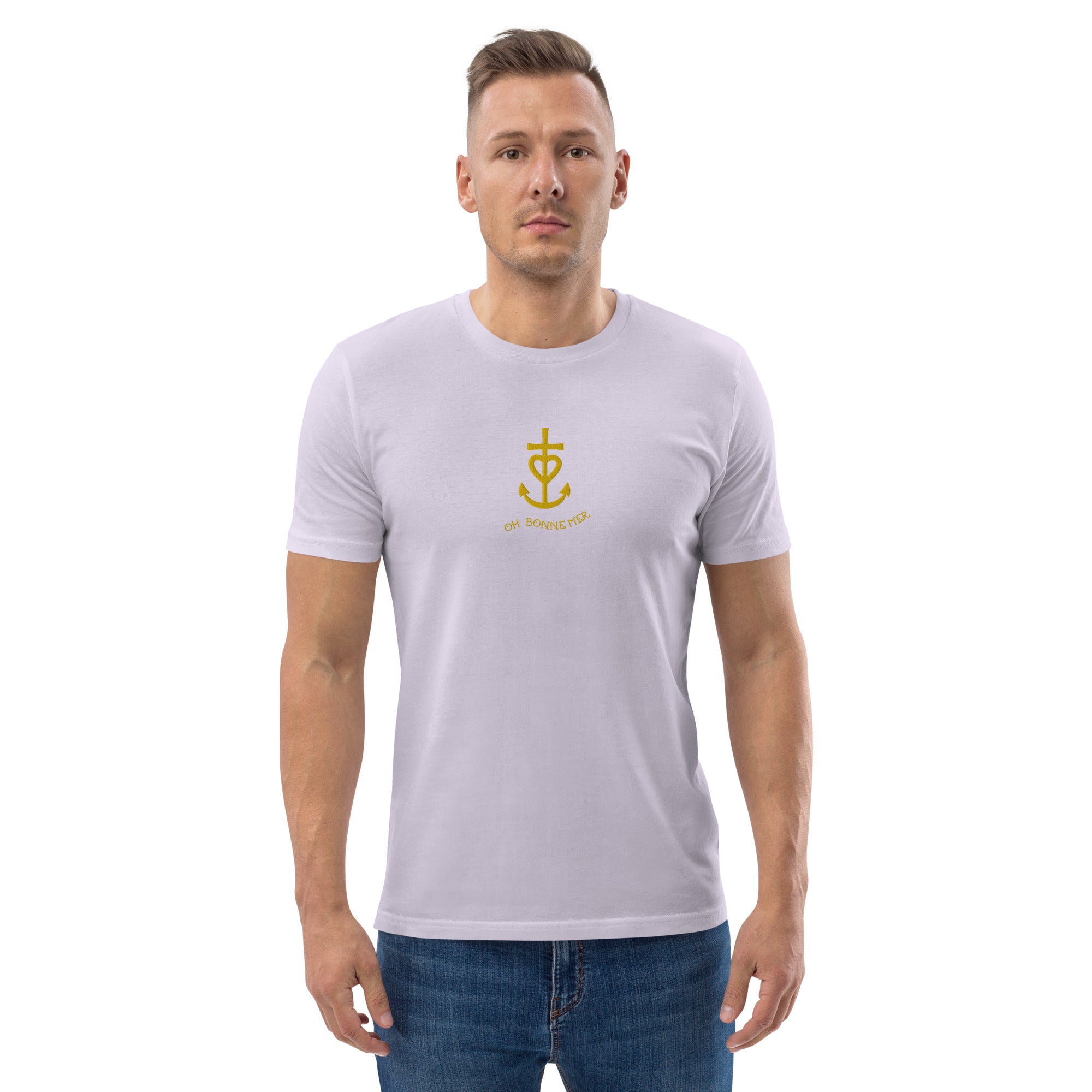 T-shirt unisexe en coton biologique Croix de Camargue dorée Oh Bonne mer brodé sur couleurs claires