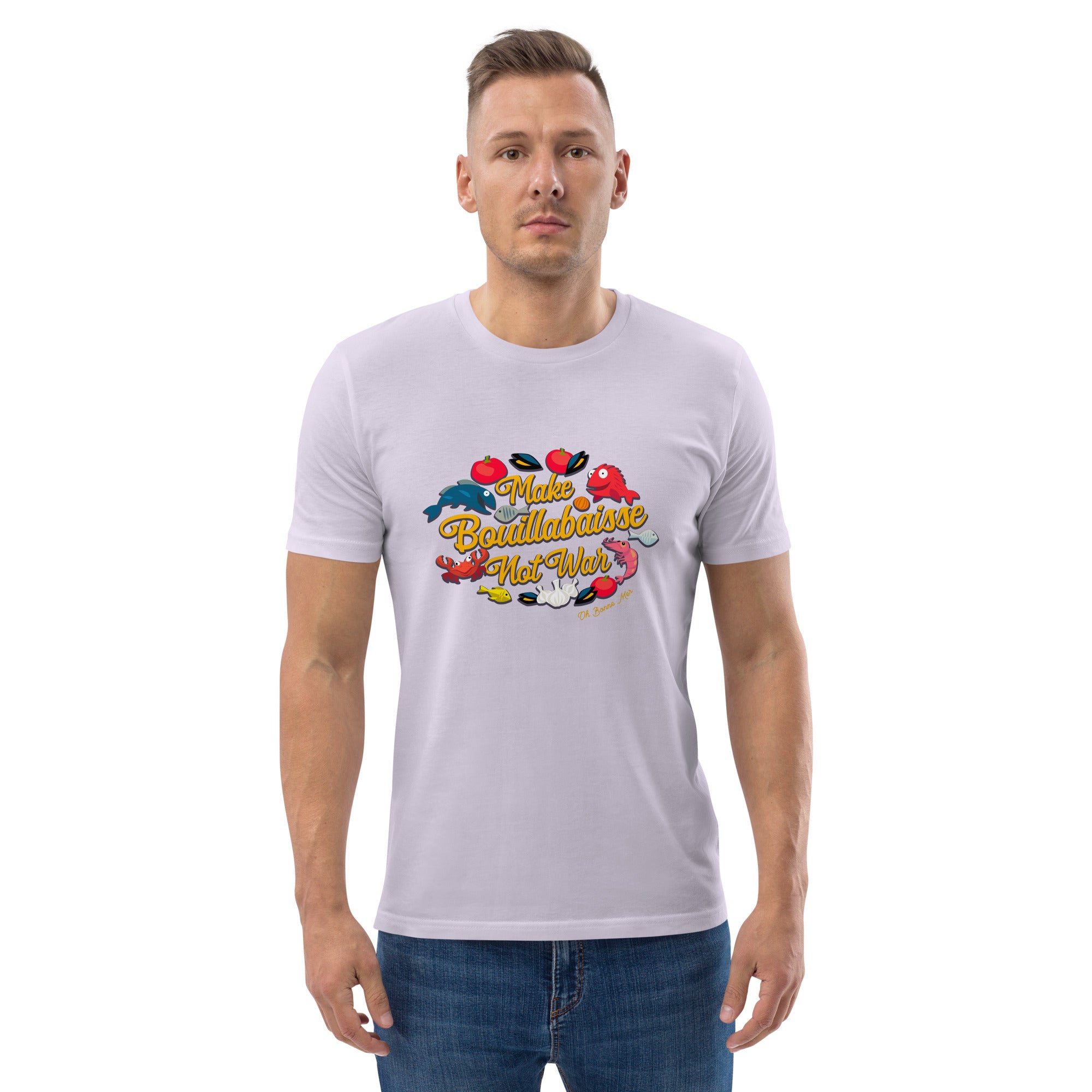 T-shirt unisexe en coton biologique Make Bouillabaisse Not War sur couleurs claires