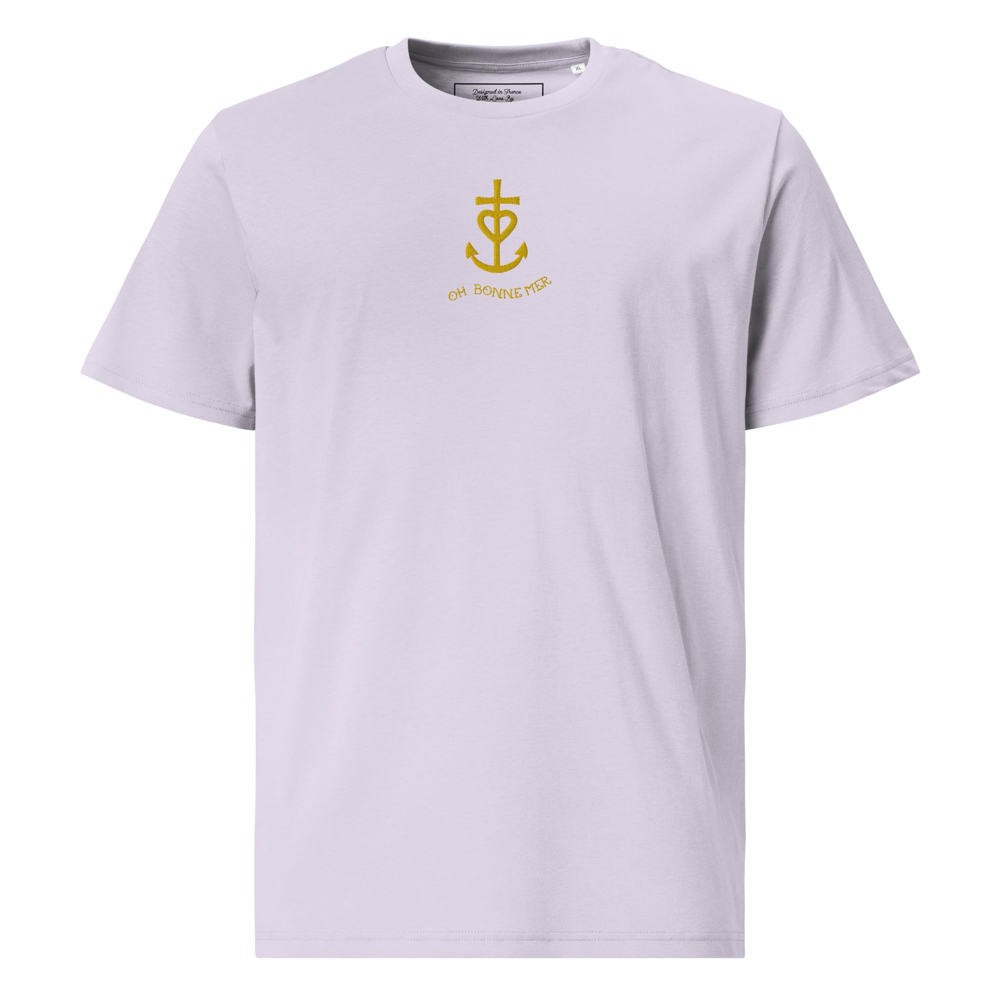 Unisex organic cotton t-shirt Croix de Camargue Gold embroidered pattern on light colors