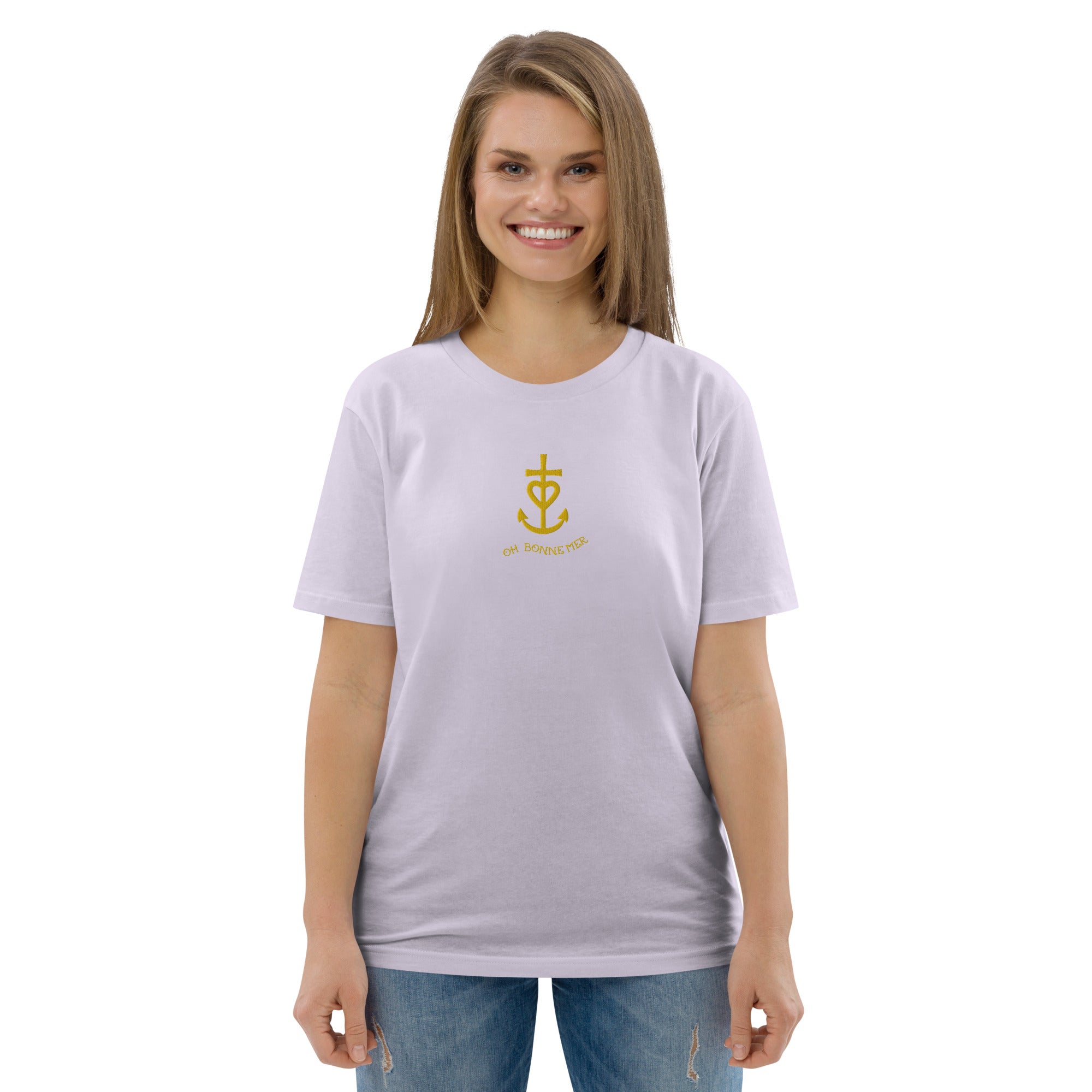 Unisex organic cotton t-shirt Croix de Camargue Gold embroidered pattern on light colors