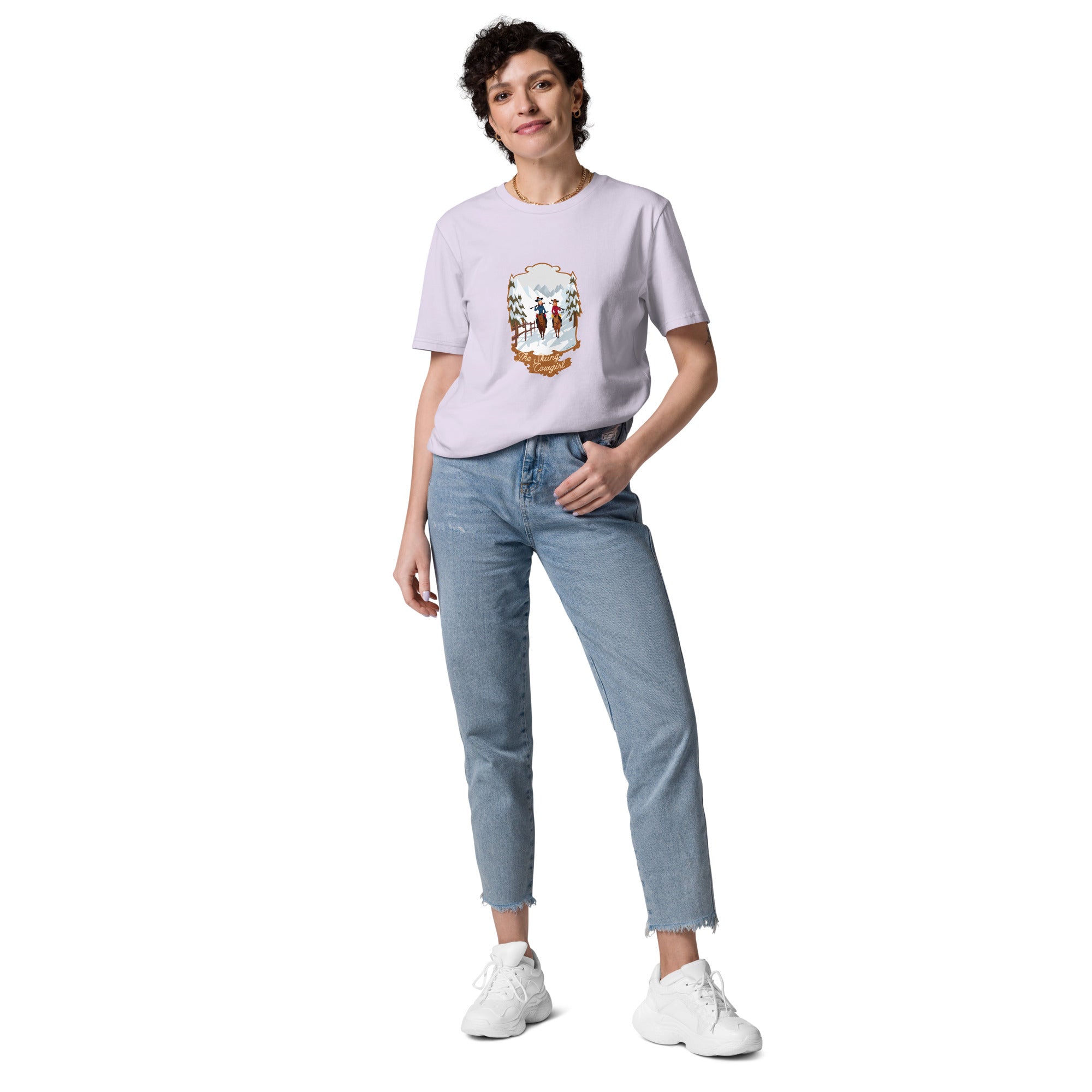 Unisex organic cotton t-shirt The Skiing Cowgirl on light colors