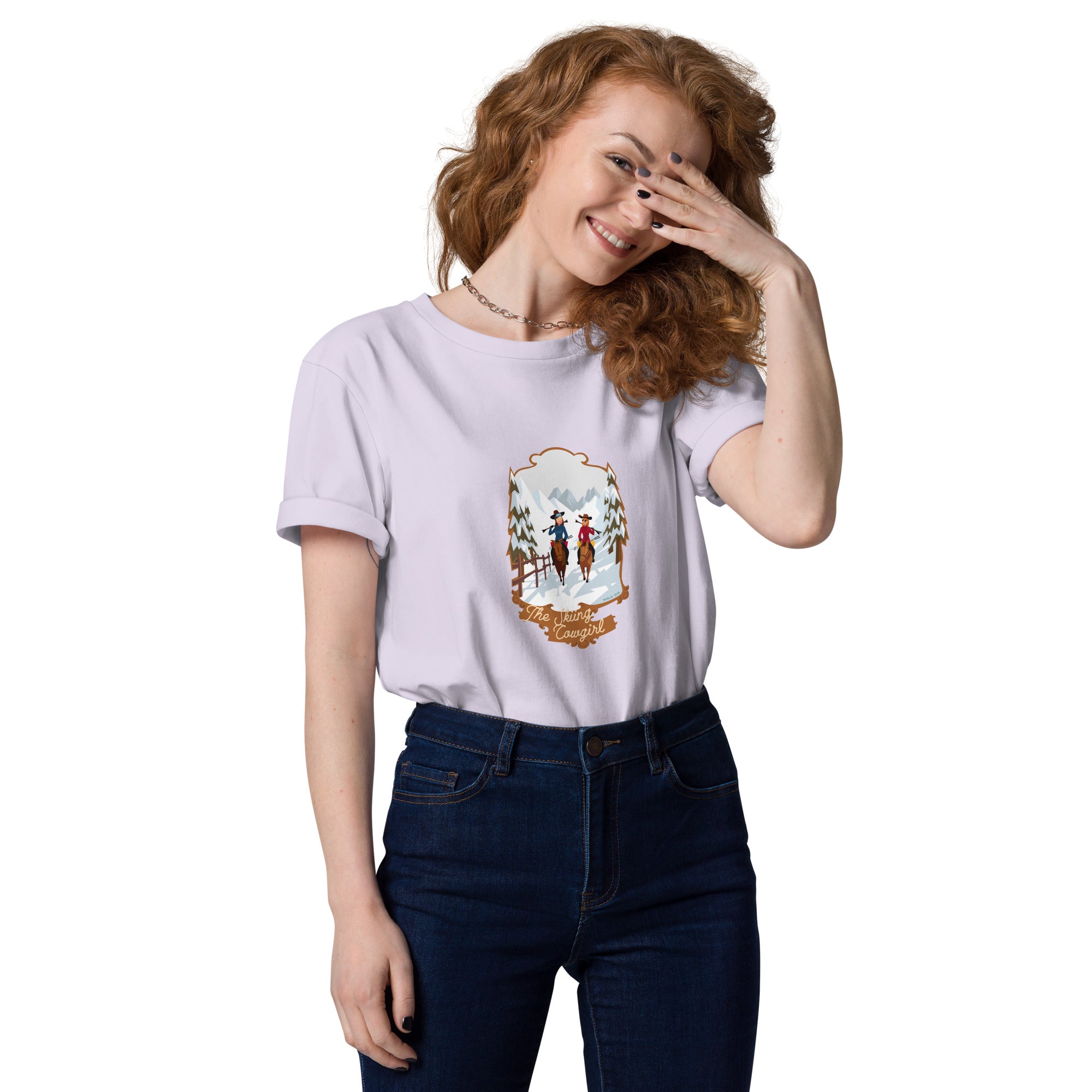 T-shirt unisexe en coton biologique The Skiing Cowgirl sur couleurs claires