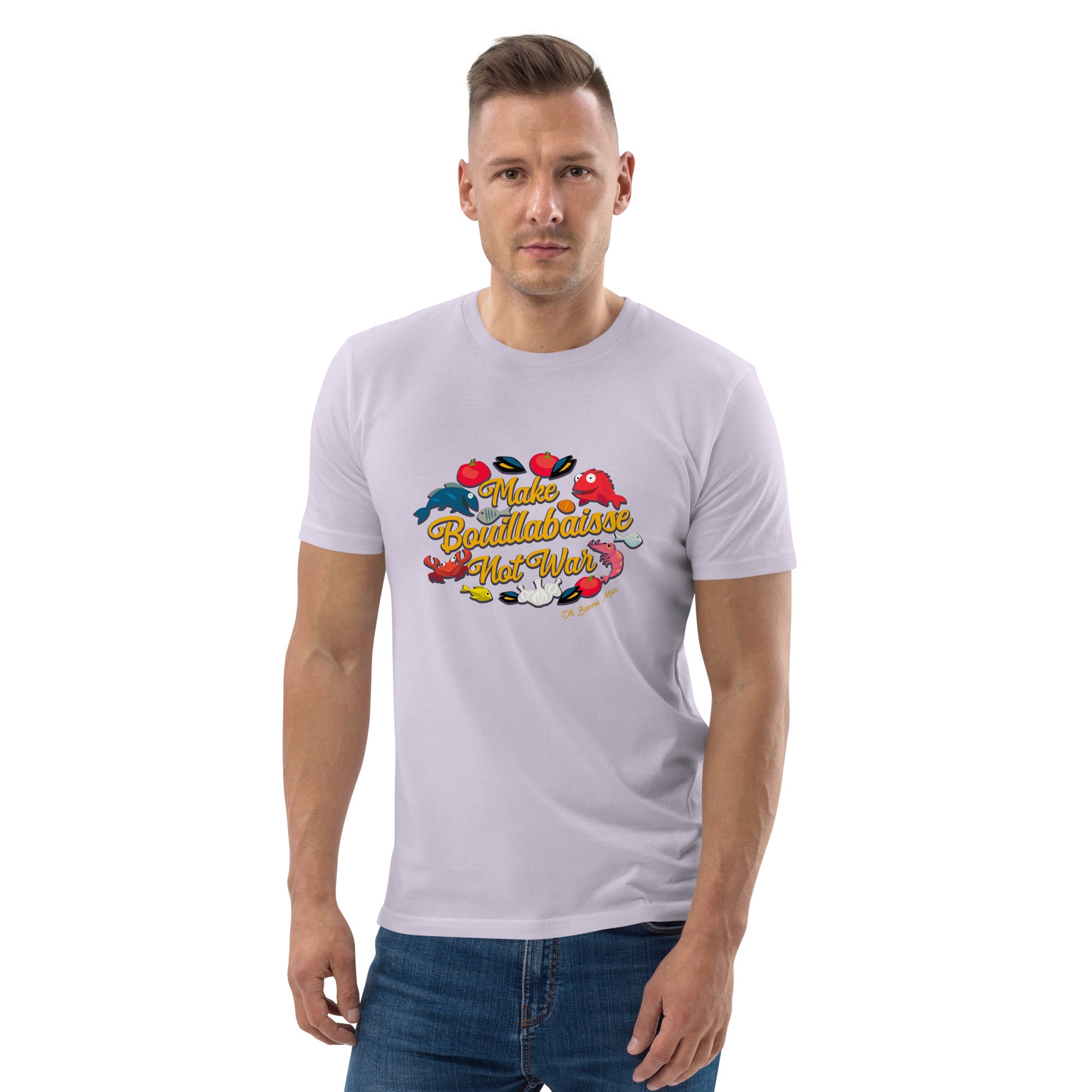 T-shirt unisexe en coton biologique Make Bouillabaisse Not War sur couleurs claires