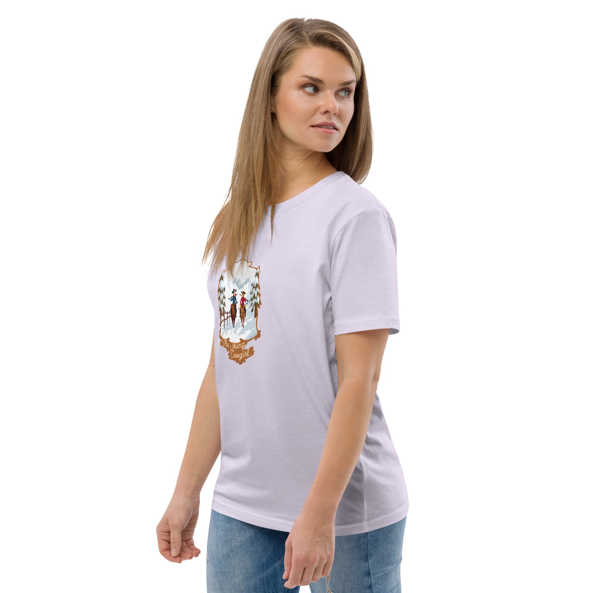 T-shirt unisexe en coton biologique The Skiing Cowgirl sur couleurs claires