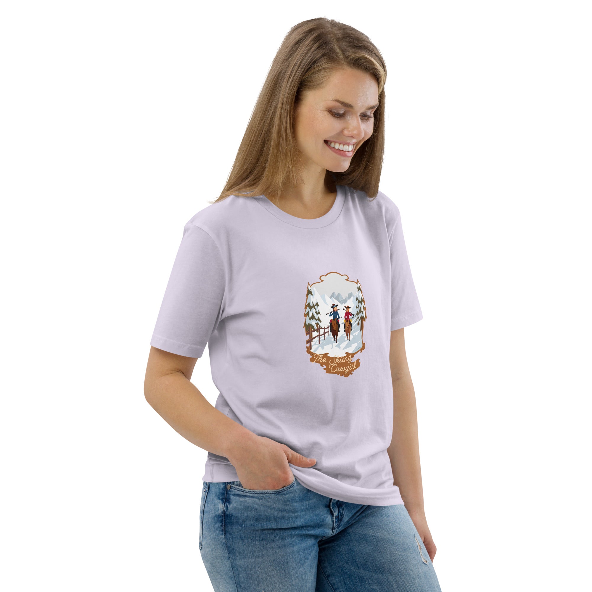 T-shirt unisexe en coton biologique The Skiing Cowgirl sur couleurs claires