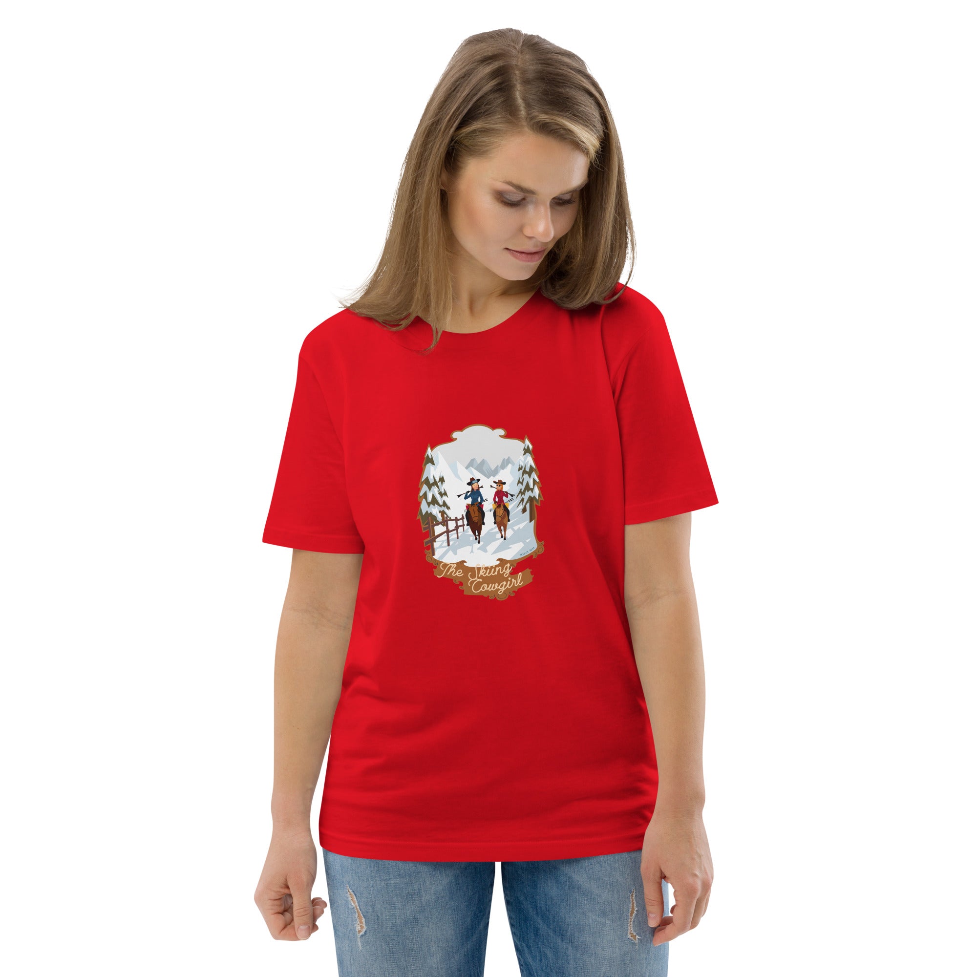 T-shirt unisexe en coton biologique The Skiing Cowgirl sur couleurs vives