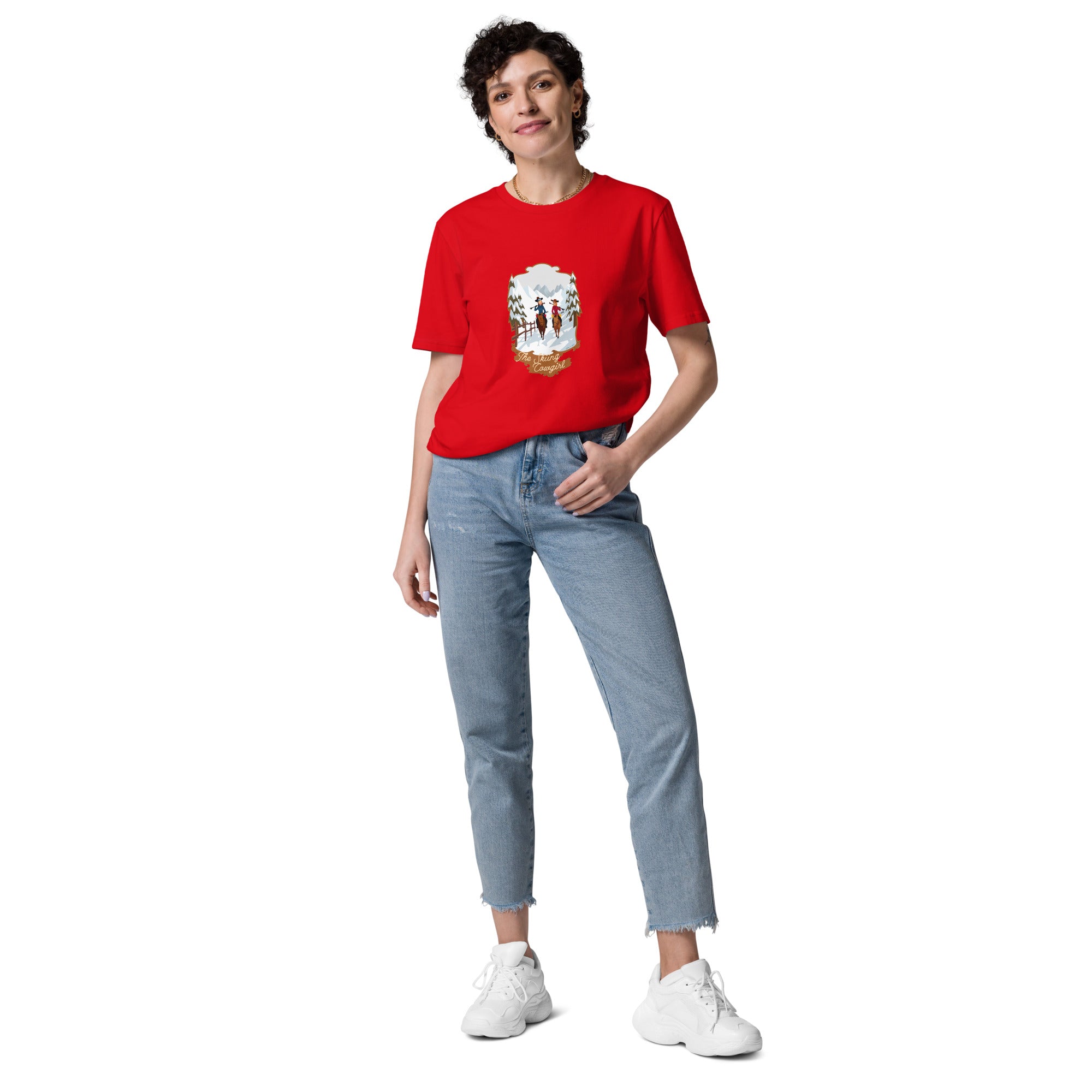 T-shirt unisexe en coton biologique The Skiing Cowgirl sur couleurs vives