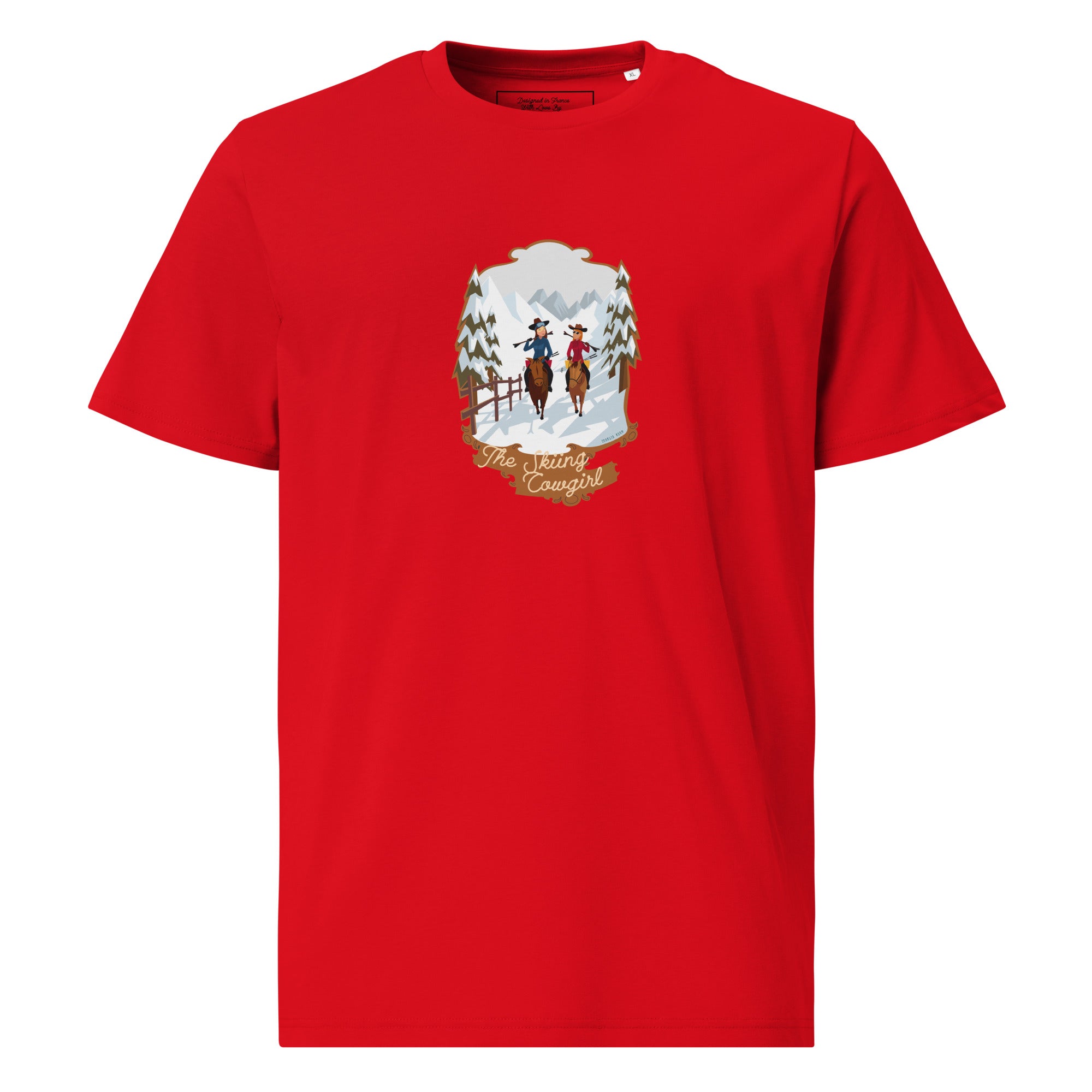 T-shirt unisexe en coton biologique The Skiing Cowgirl sur couleurs vives