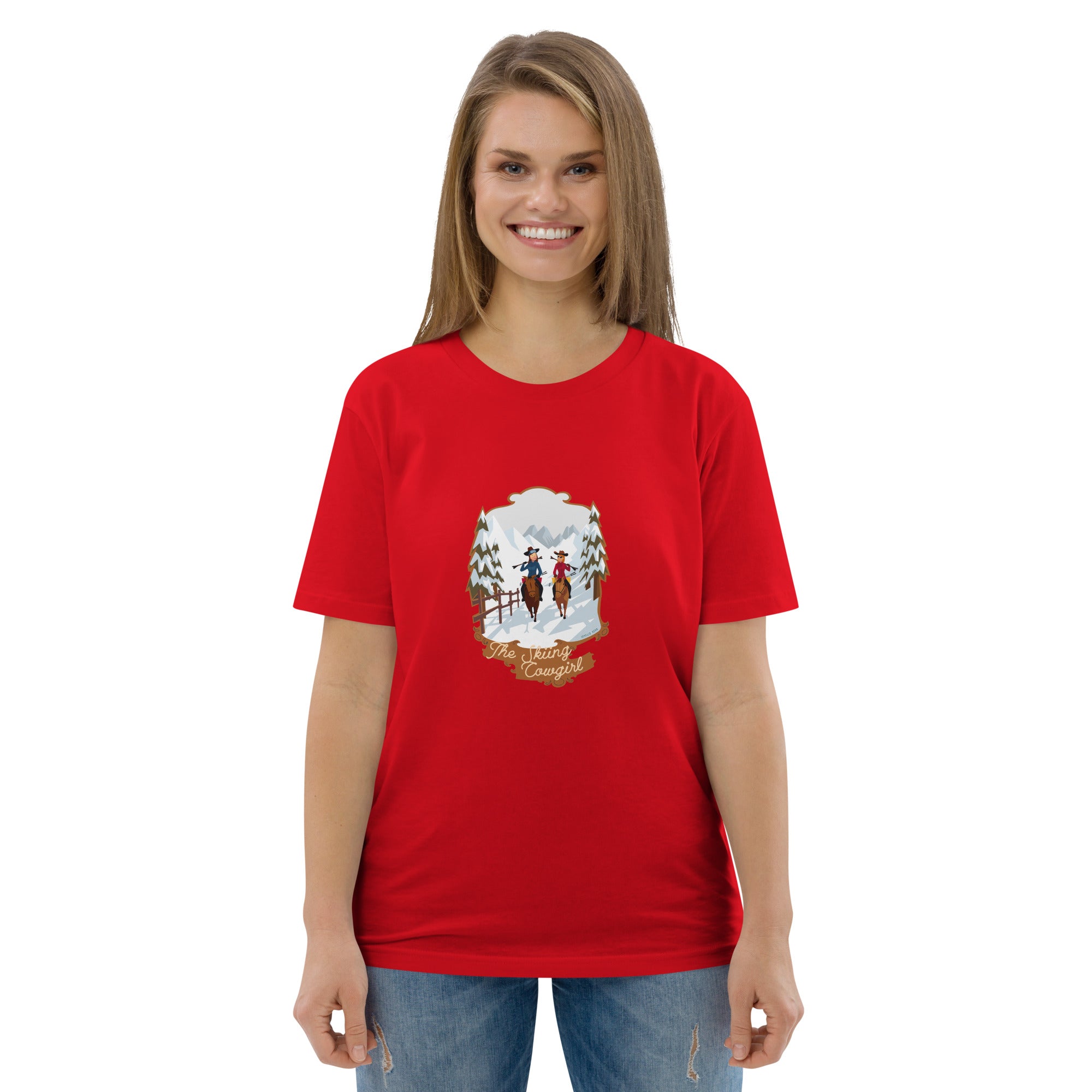 Unisex organic cotton t-shirt The Skiing Cowgirl on bright colors