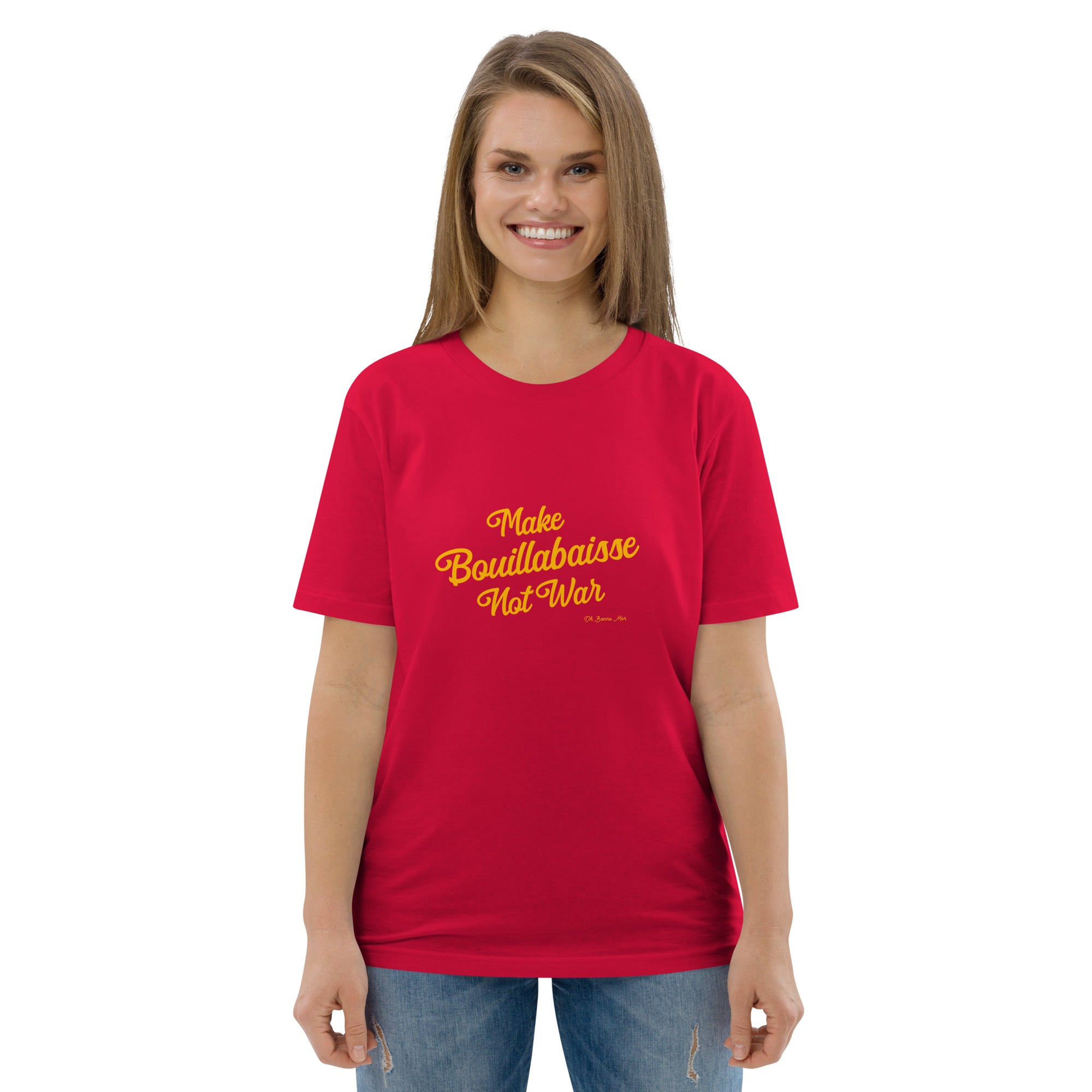 T-shirt unisexe en coton biologique Make Bouillabaisse Not War Gold sur couleurs foncées