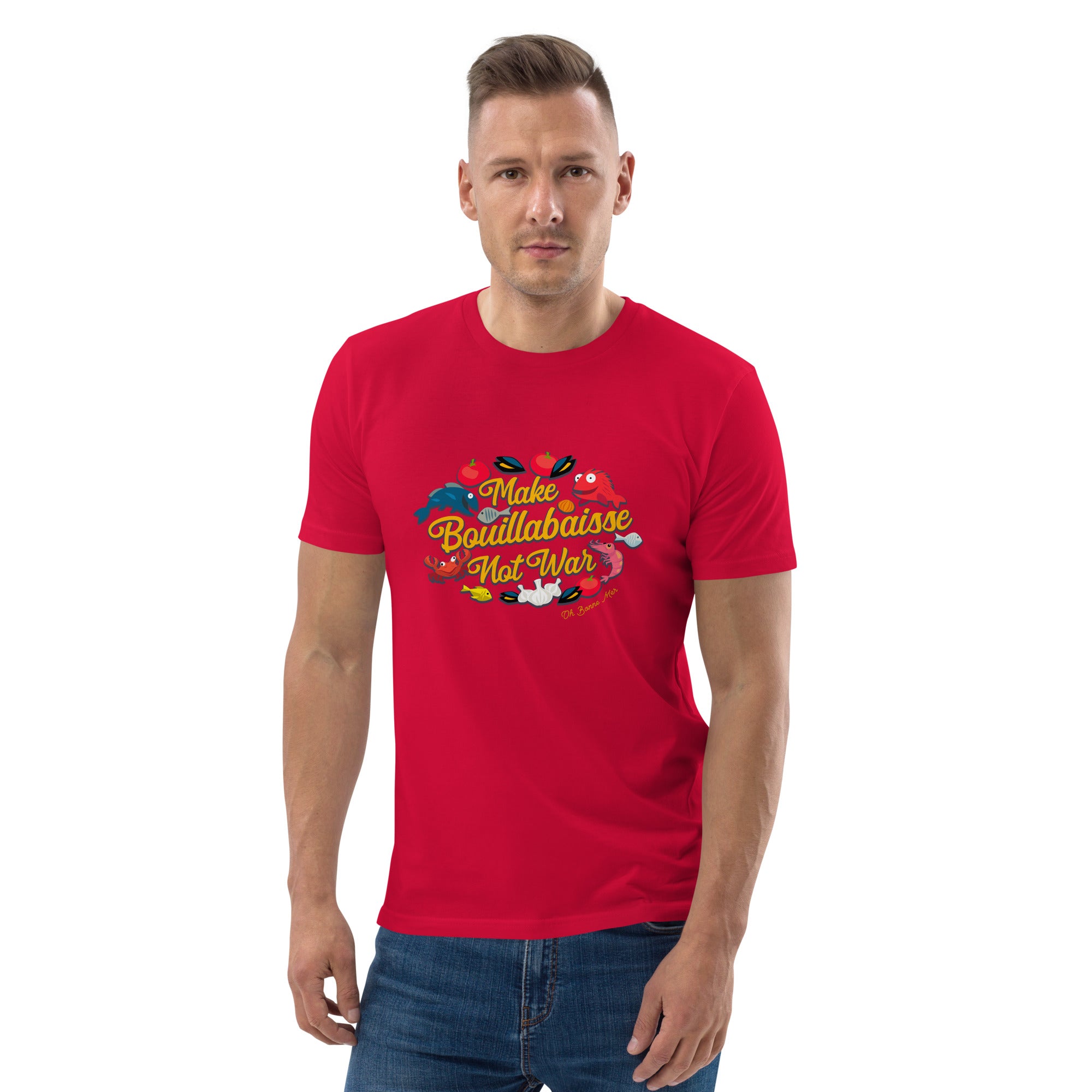 T-shirt unisexe en coton biologique Make Bouillabaisse Not War sur couleurs claires