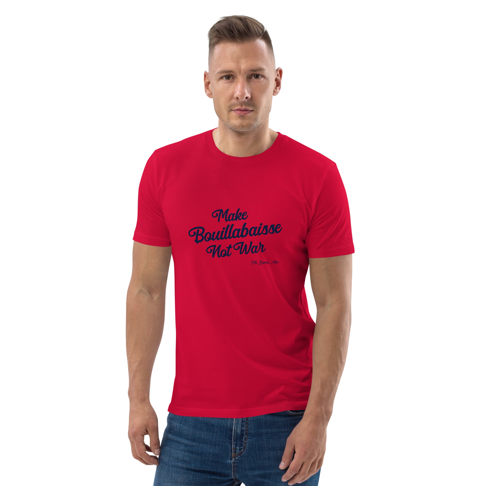T-shirt unisexe en coton biologique Make Bouillabaisse Not War Navy sur couleurs claires