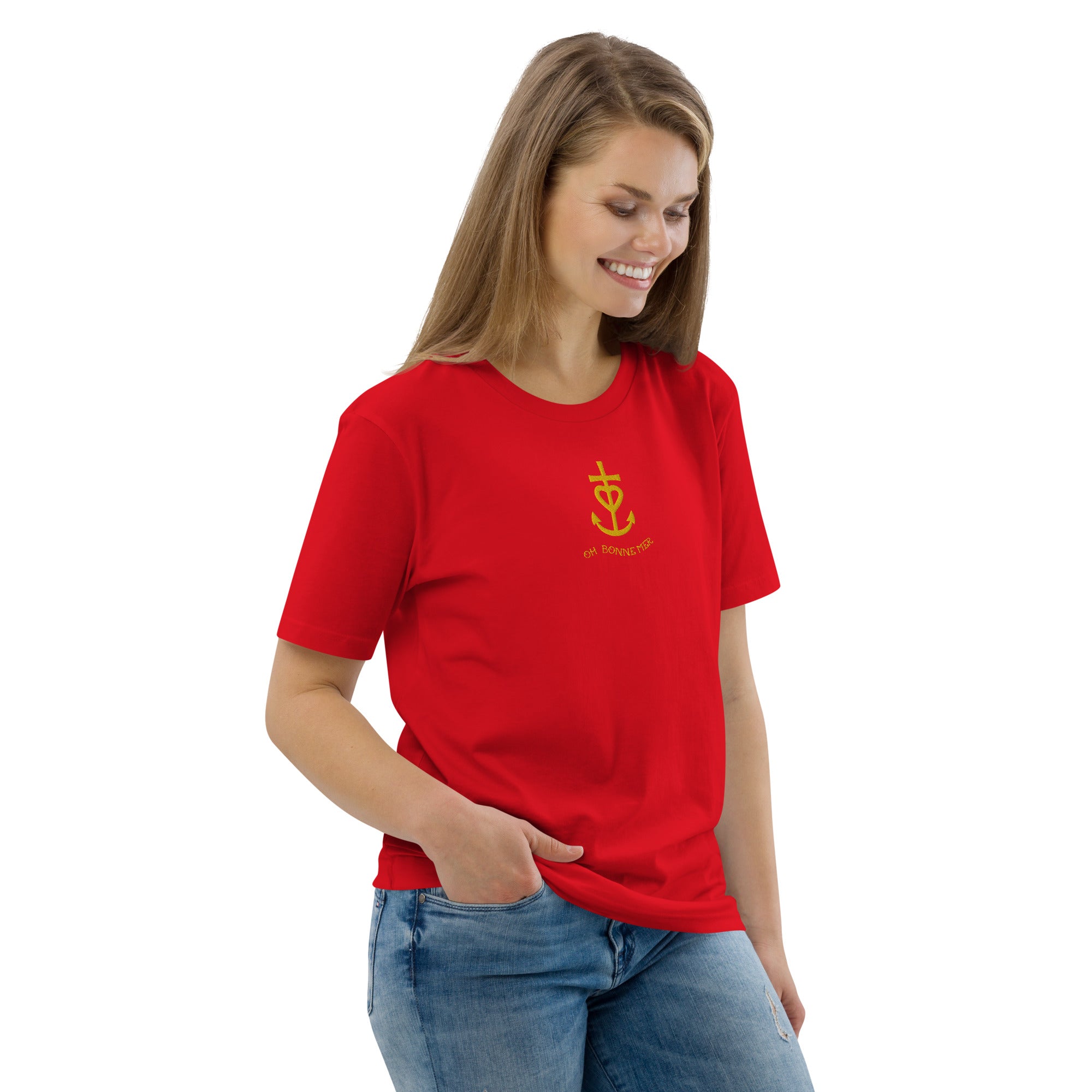 T-shirt unisexe en coton biologique Croix de Camargue dorée Oh Bonne mer brodé sur couleurs vives