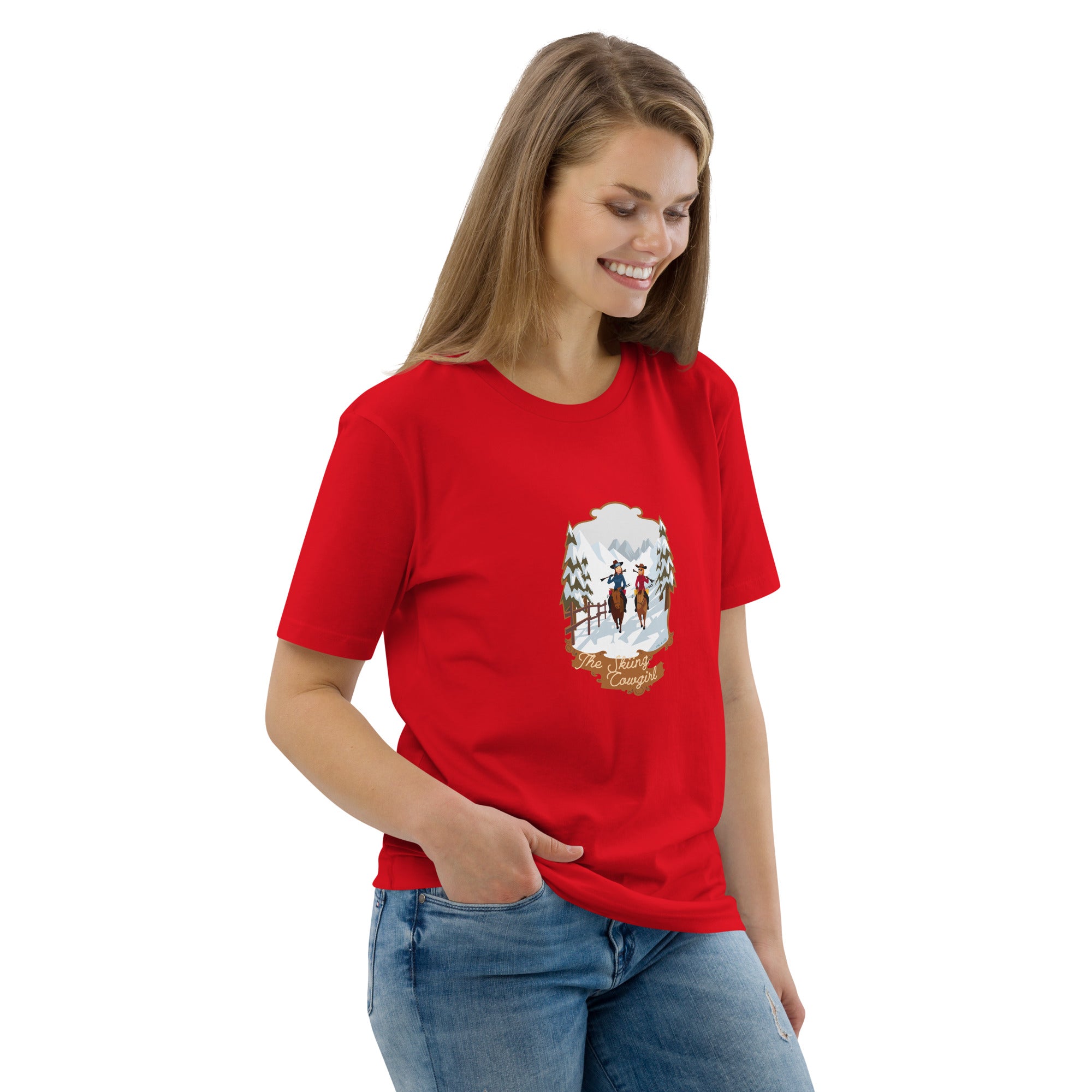 T-shirt unisexe en coton biologique The Skiing Cowgirl sur couleurs vives