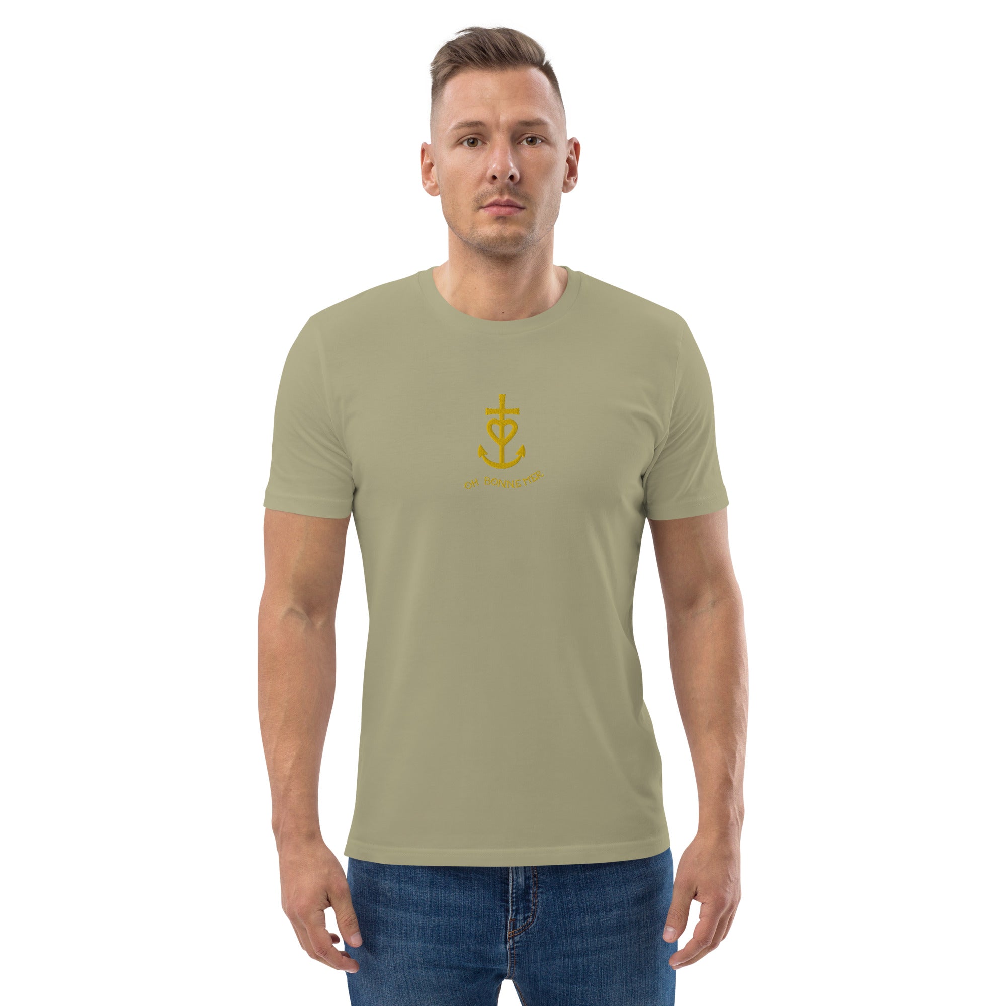 Unisex organic cotton t-shirt Croix de Camargue Gold embroidered pattern on dark colors