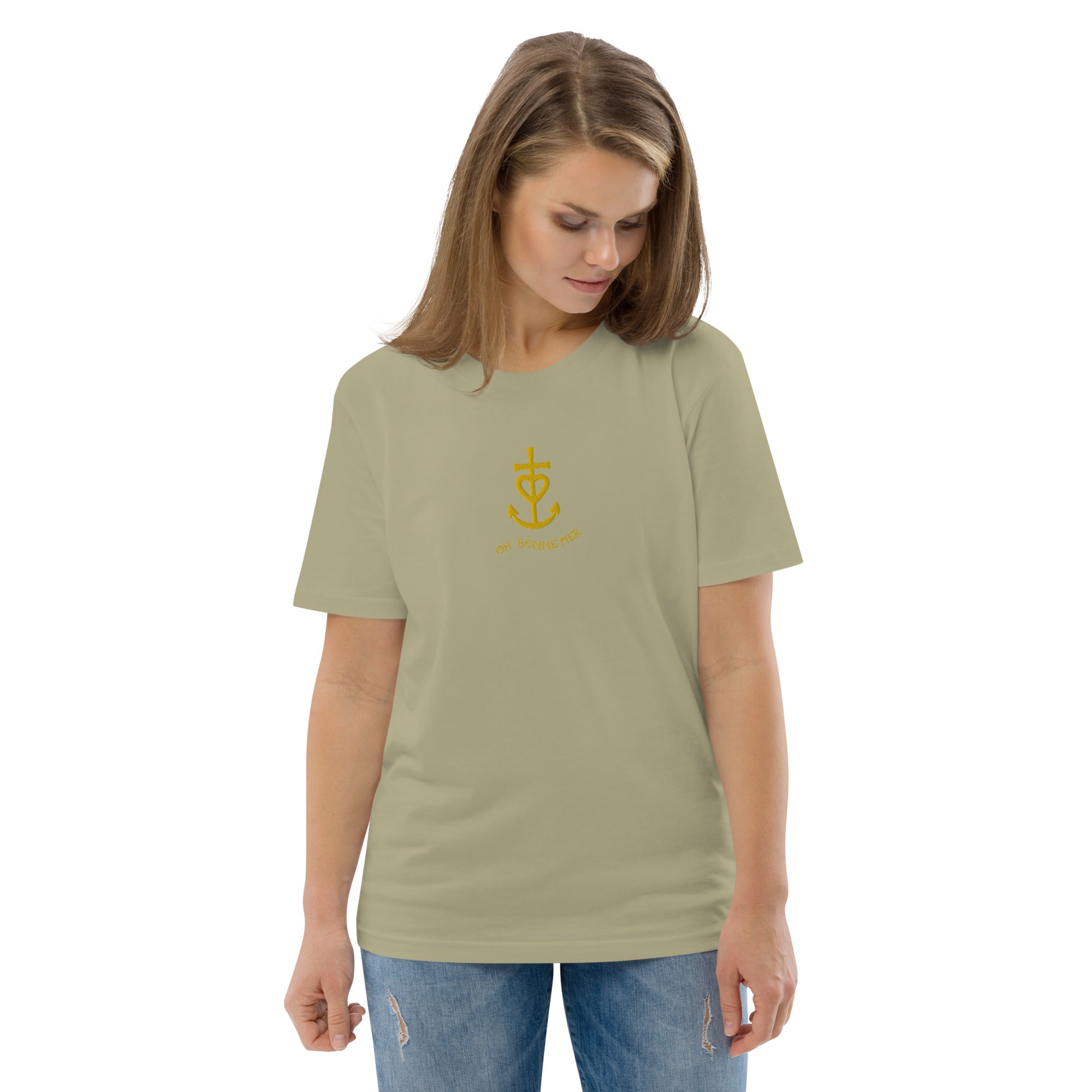 T-shirt unisexe en coton biologique Croix de Camargue dorée Oh Bonne mer brodé sur couleurs foncées