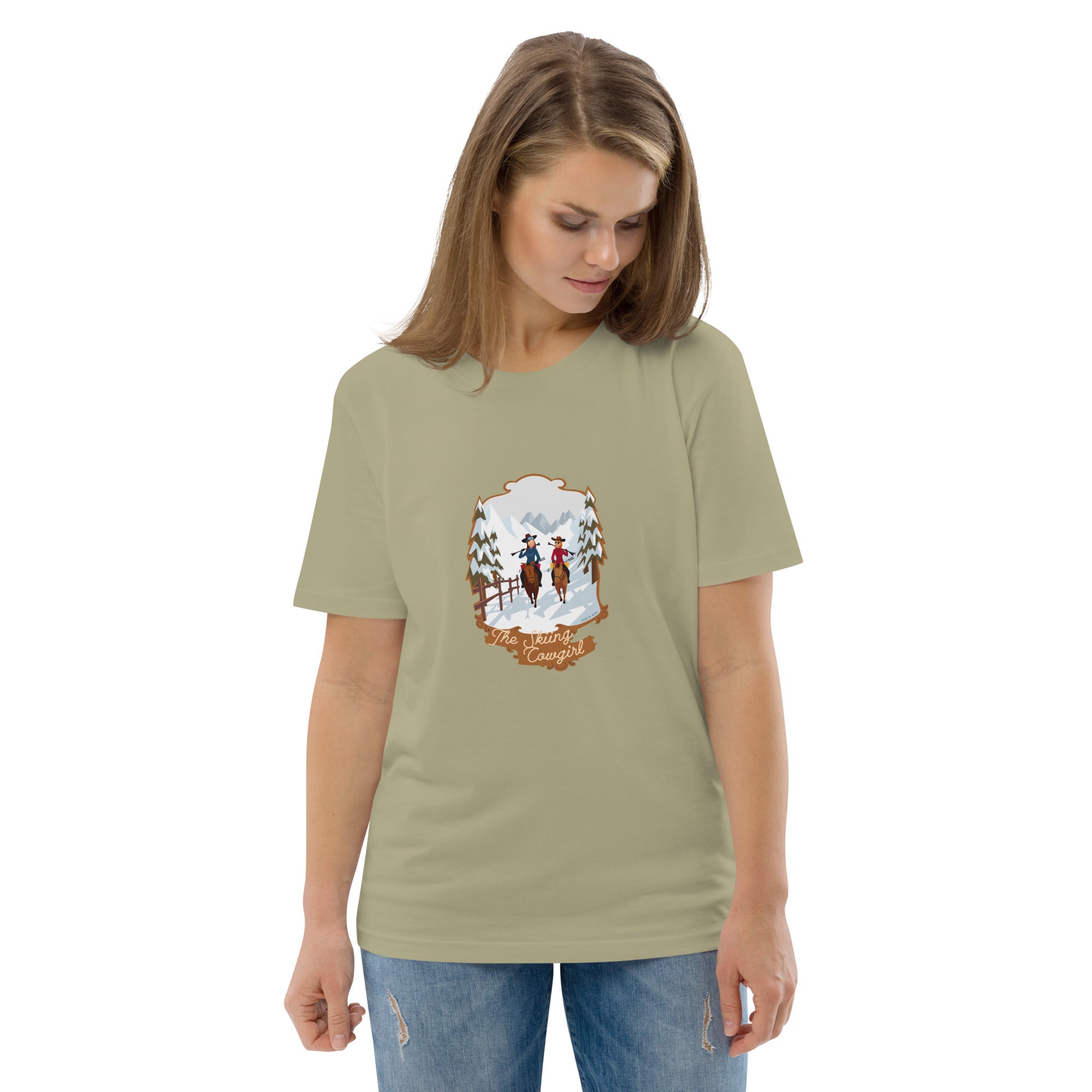 T-shirt unisexe en coton biologique The Skiing Cowgirl sur couleurs foncées