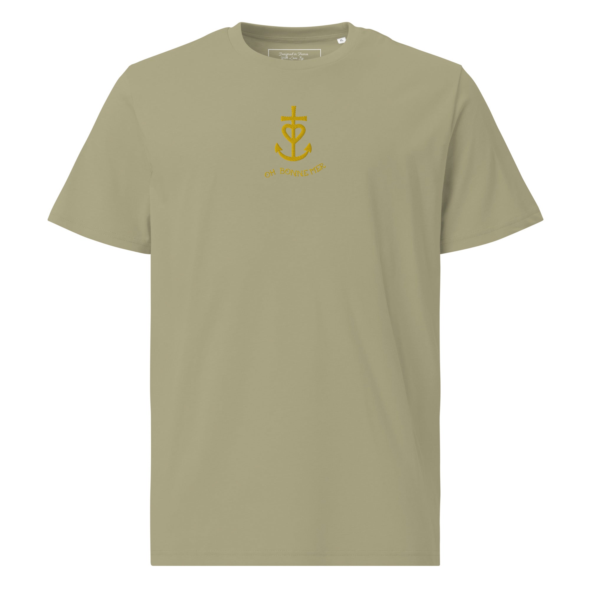 Unisex organic cotton t-shirt Croix de Camargue Gold embroidered pattern on dark colors