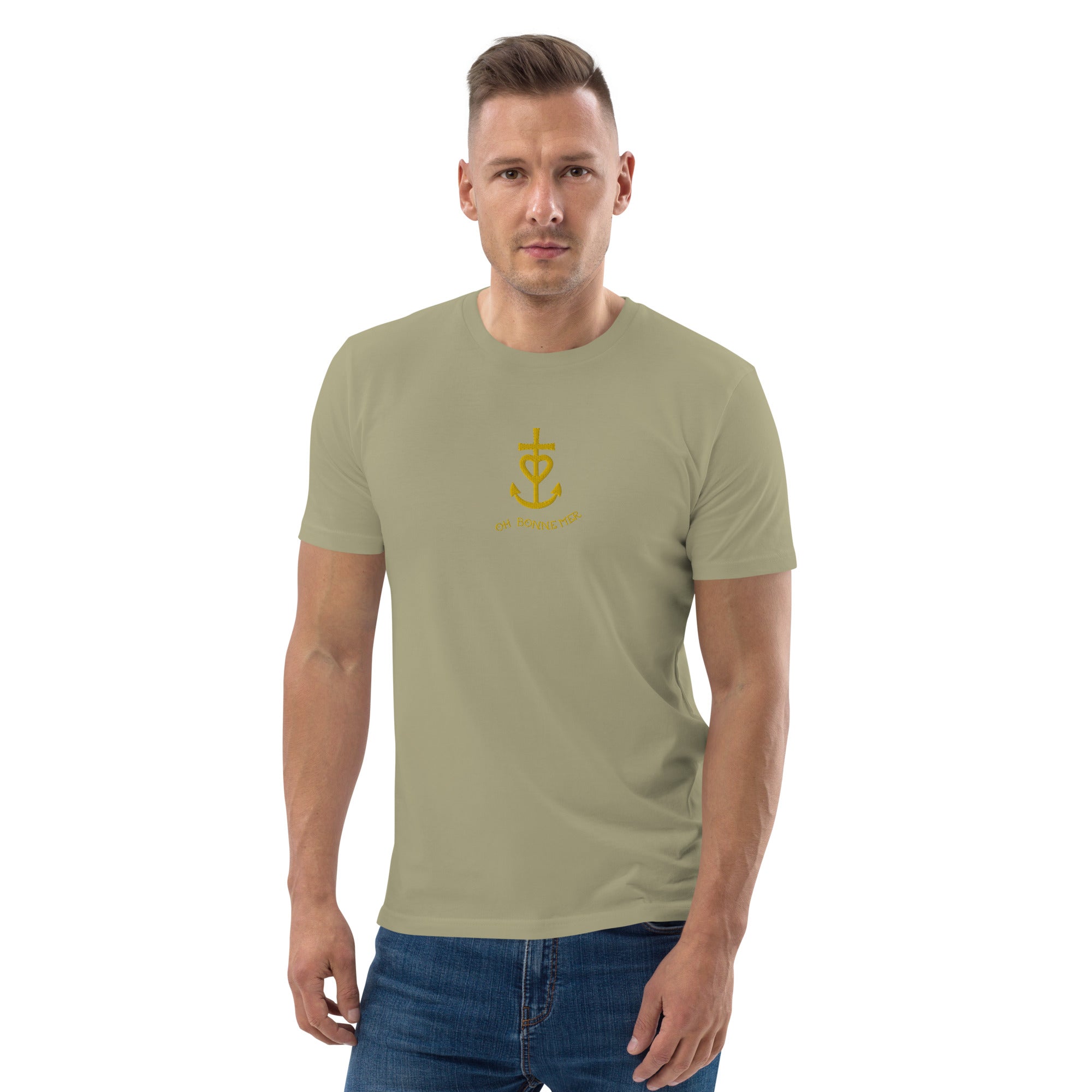 T-shirt unisexe en coton biologique Croix de Camargue dorée Oh Bonne mer brodé sur couleurs foncées