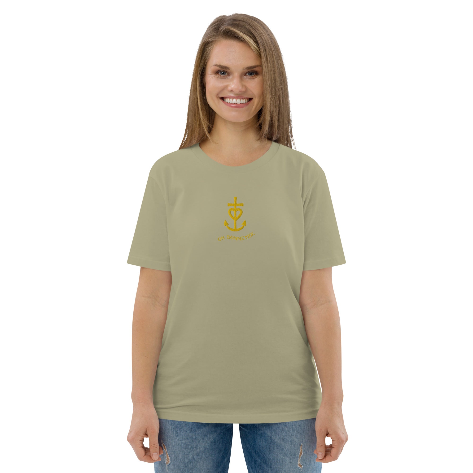 Unisex organic cotton t-shirt Croix de Camargue Gold embroidered pattern on dark colors