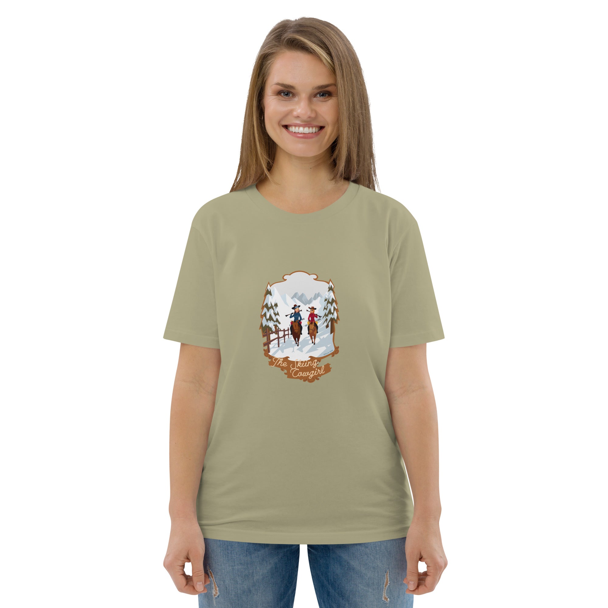 T-shirt unisexe en coton biologique The Skiing Cowgirl sur couleurs foncées