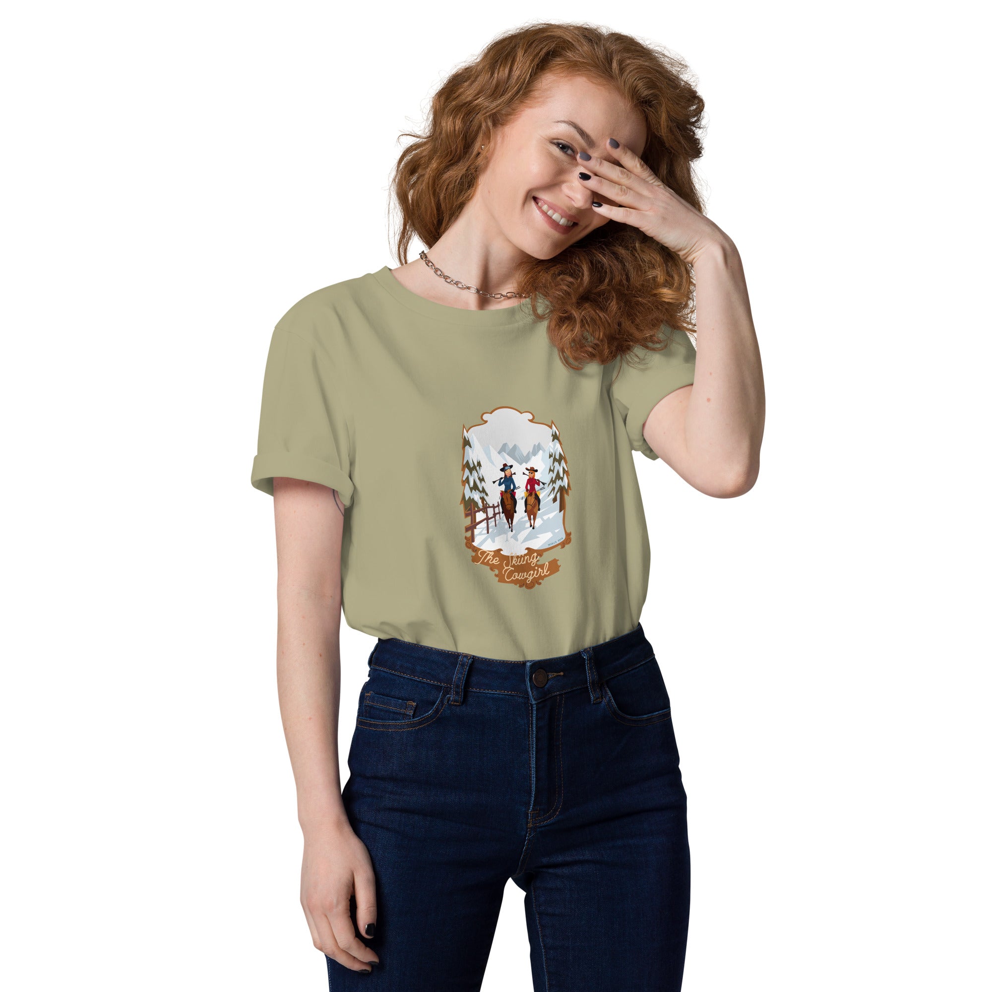 T-shirt unisexe en coton biologique The Skiing Cowgirl sur couleurs foncées