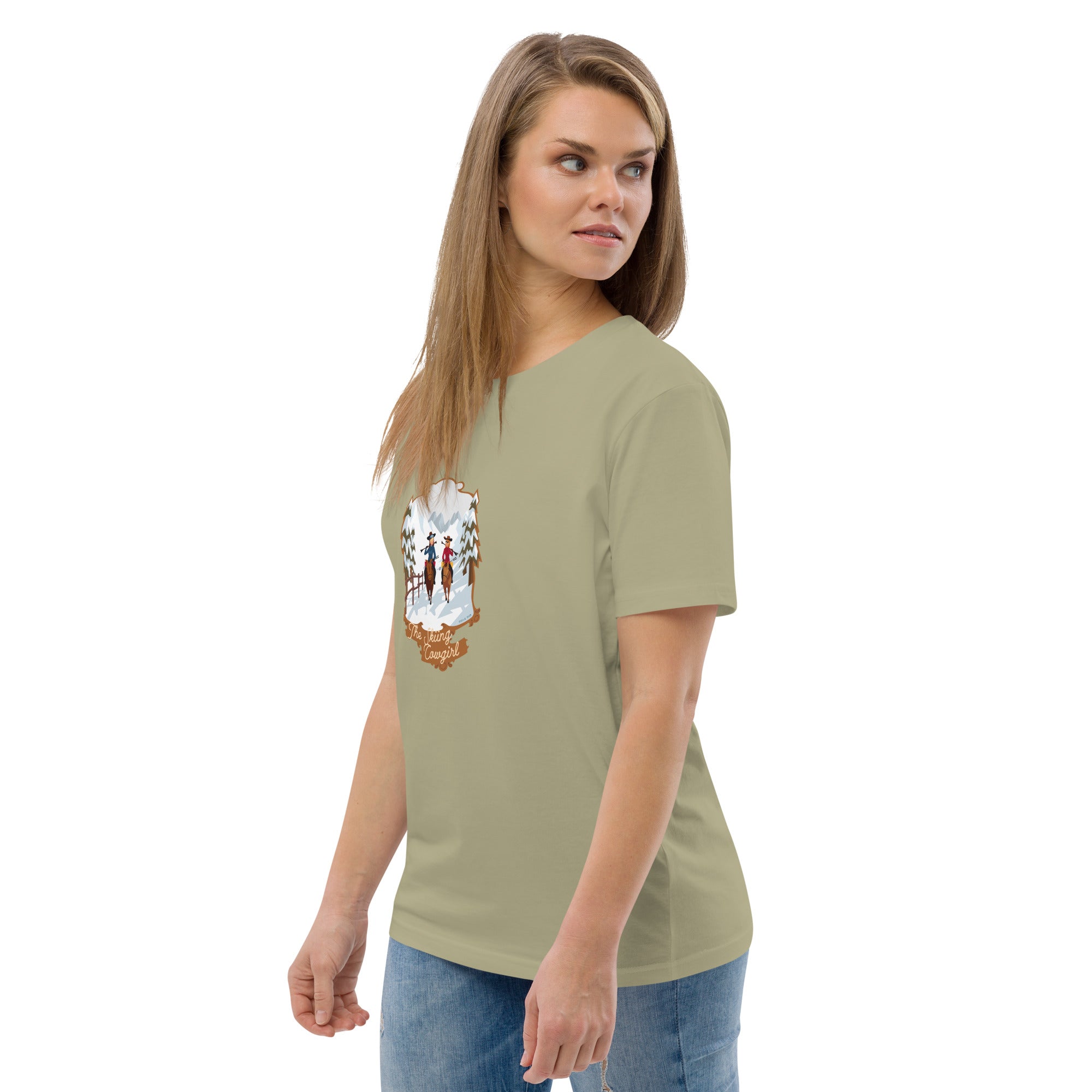 T-shirt unisexe en coton biologique The Skiing Cowgirl sur couleurs foncées